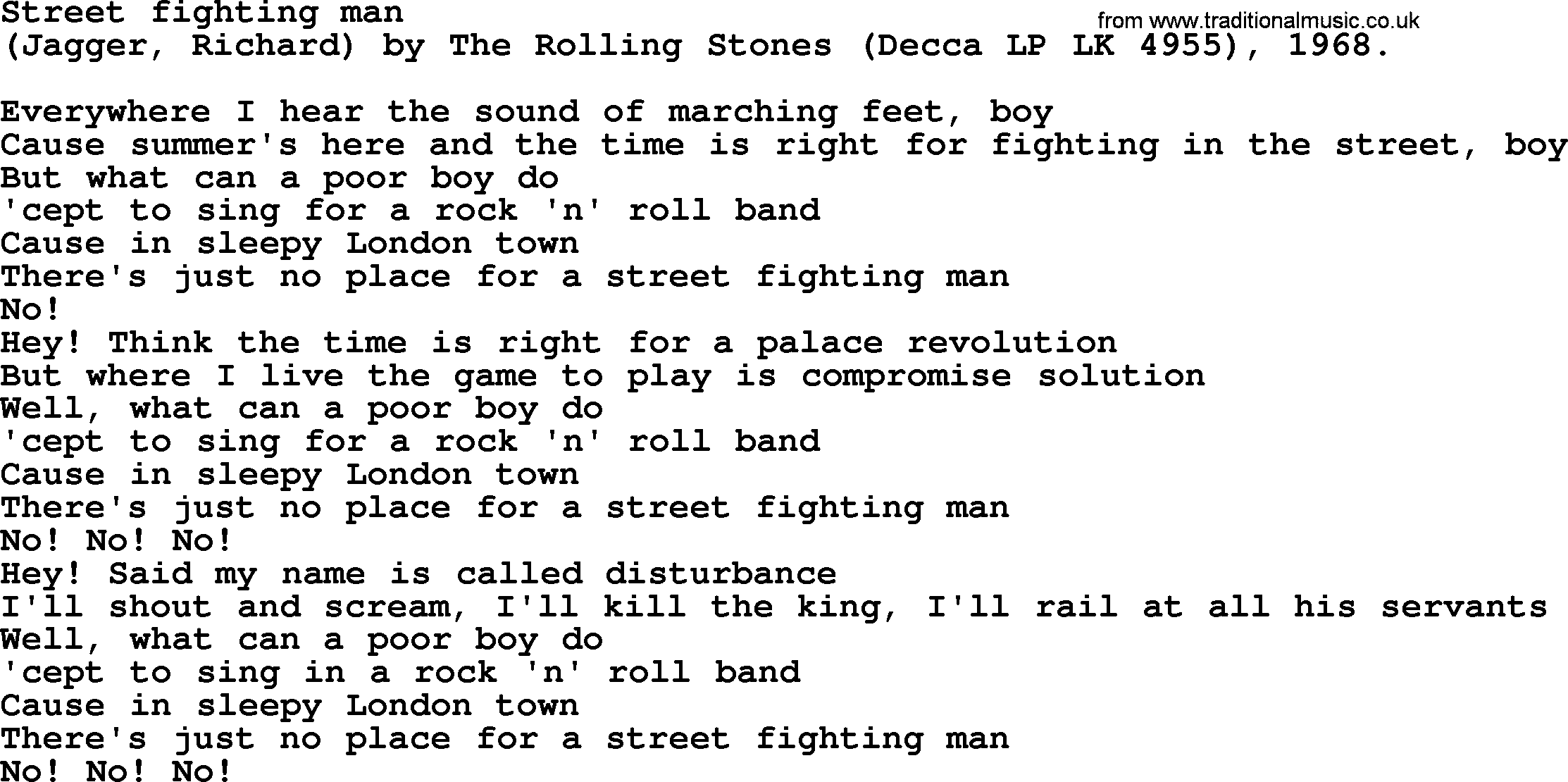 Bruce Springsteen song: Street Fighting Man lyrics