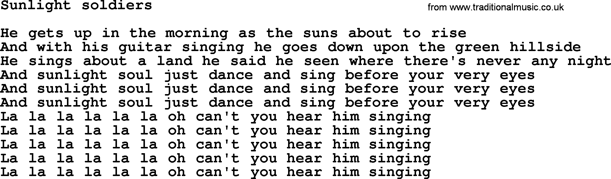 Bruce Springsteen song: Sunlight Soldiers lyrics
