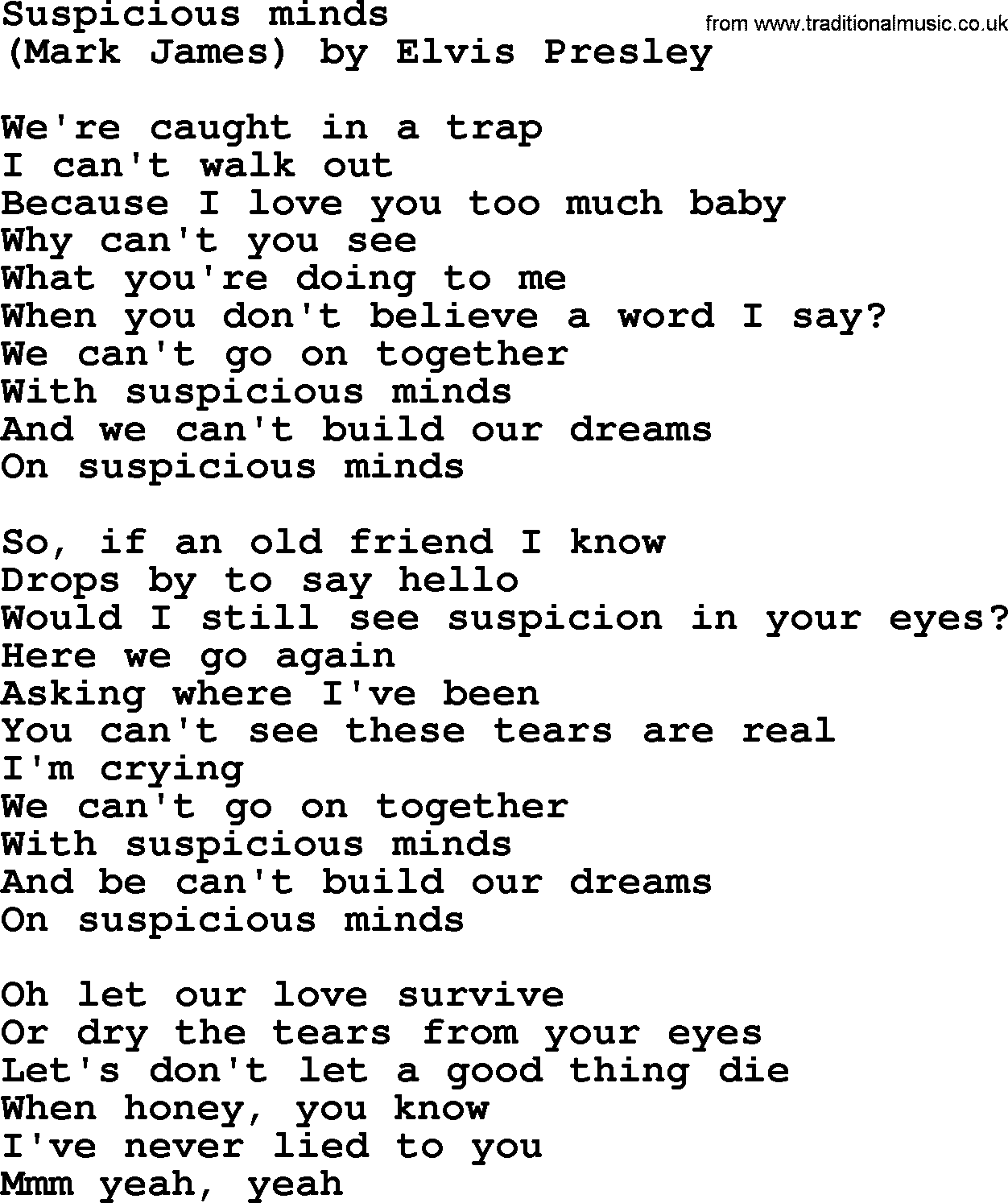 Bruce Springsteen song: Suspicious Minds lyrics