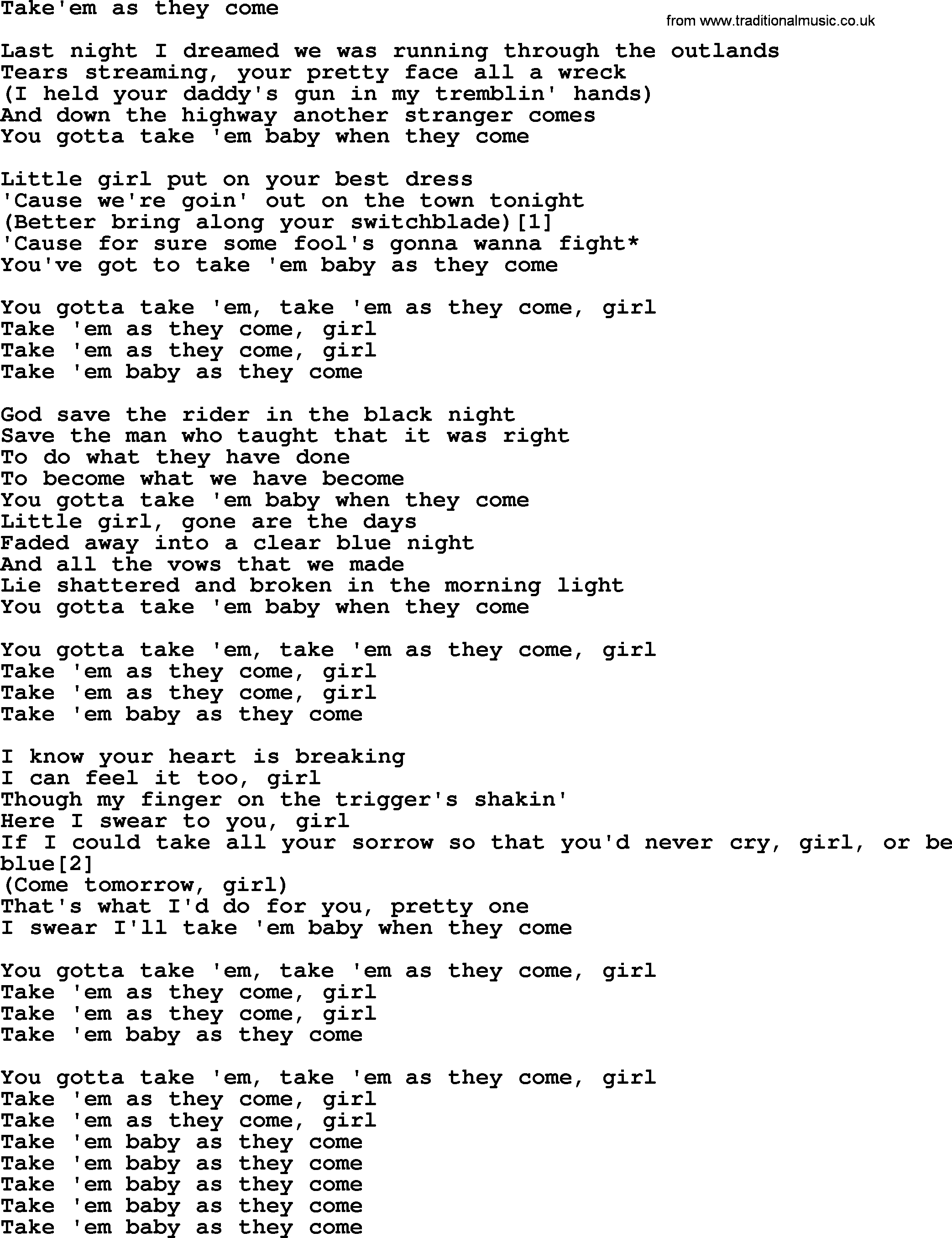 Bruce Springsteen song: Take'em As They Come lyrics