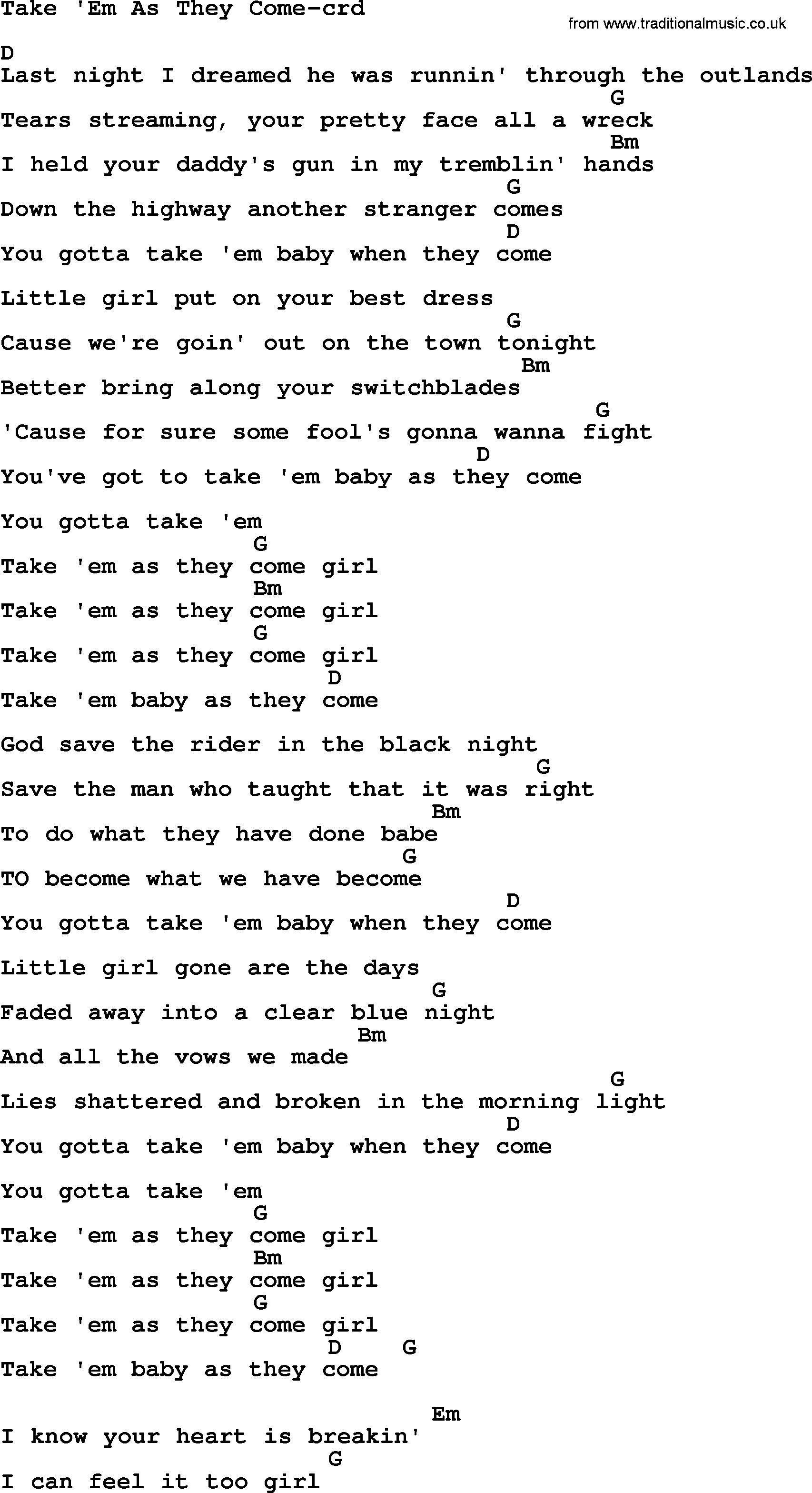 Bruce Springsteen song: Take 'em As They Come, lyrics and chords
