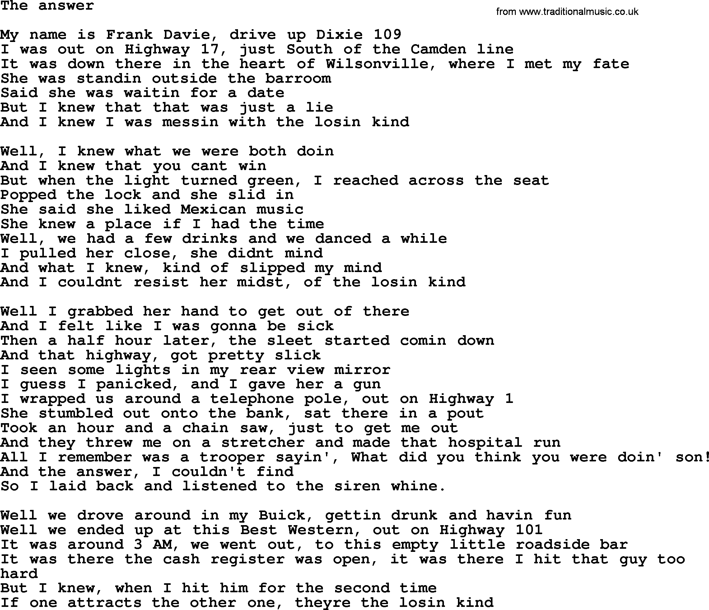 Bruce Springsteen song: The Answer lyrics