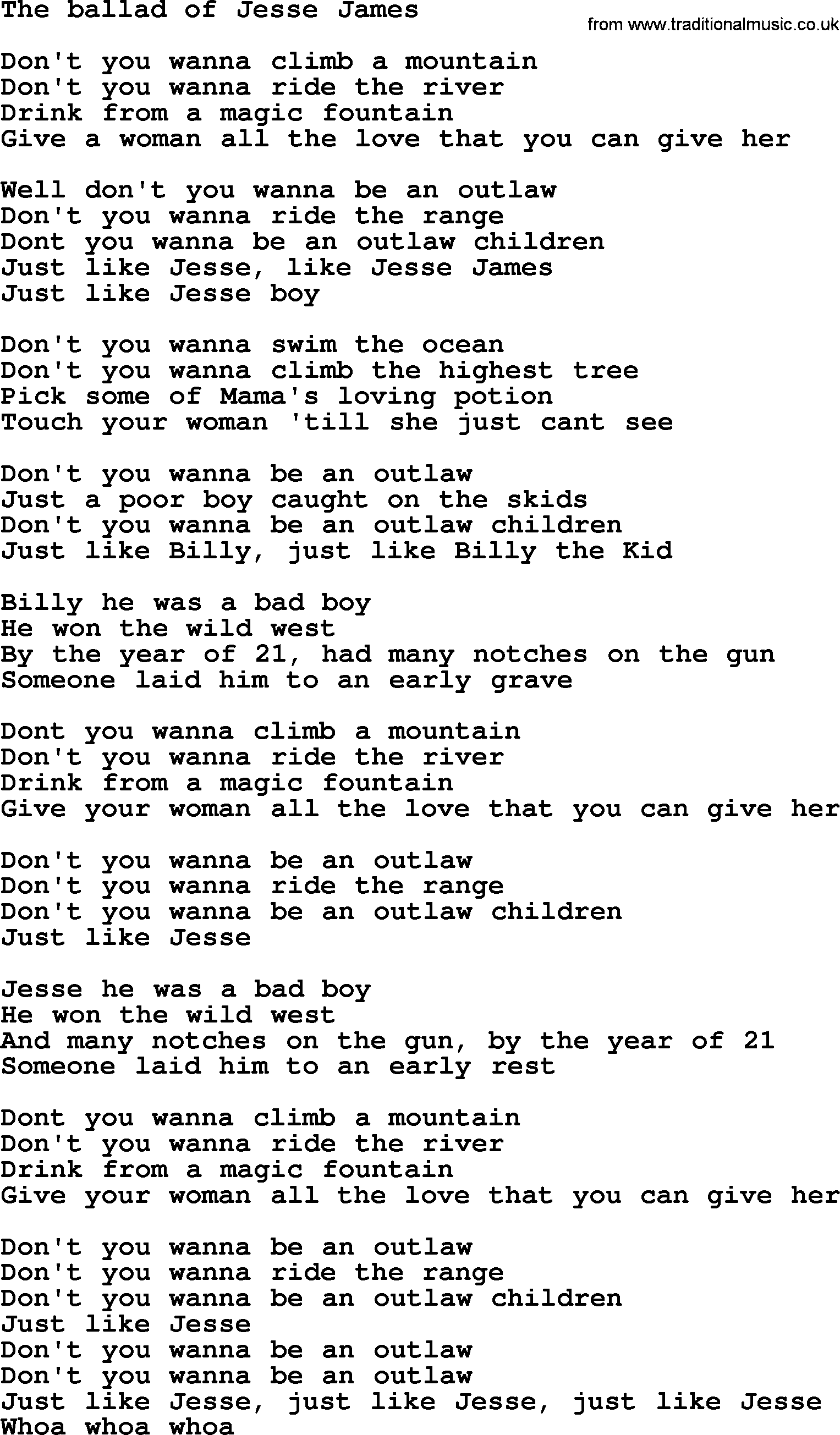 Bruce Springsteen song: The Ballad Of Jesse James lyrics