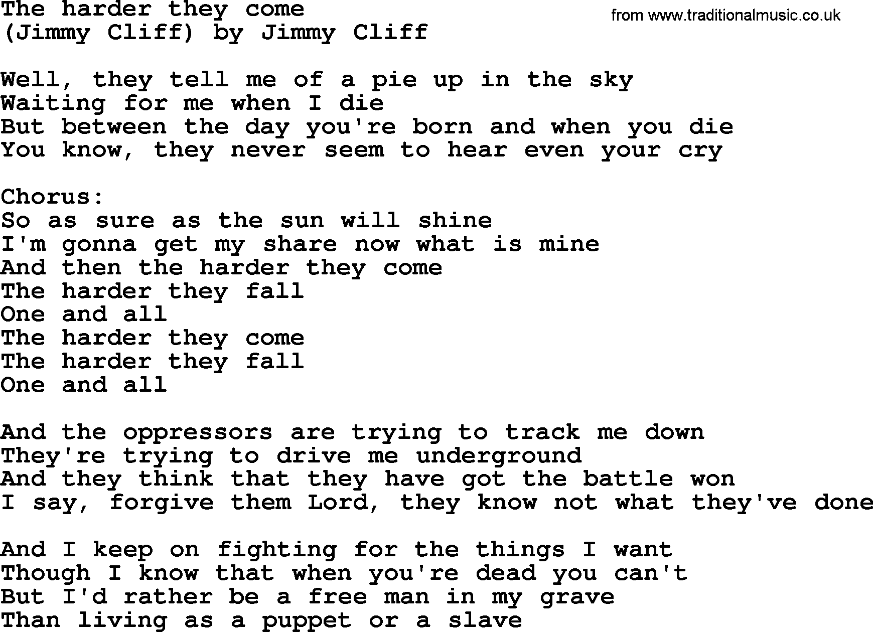 Bruce Springsteen song: The Harder They Come lyrics
