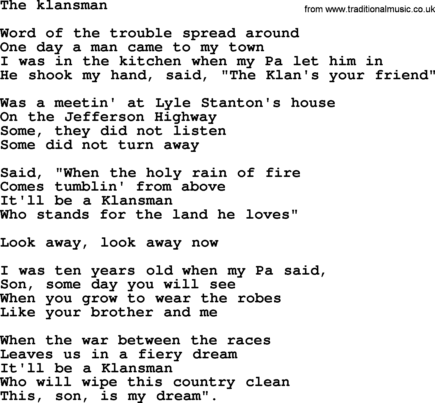 Bruce Springsteen song: The Klansman lyrics