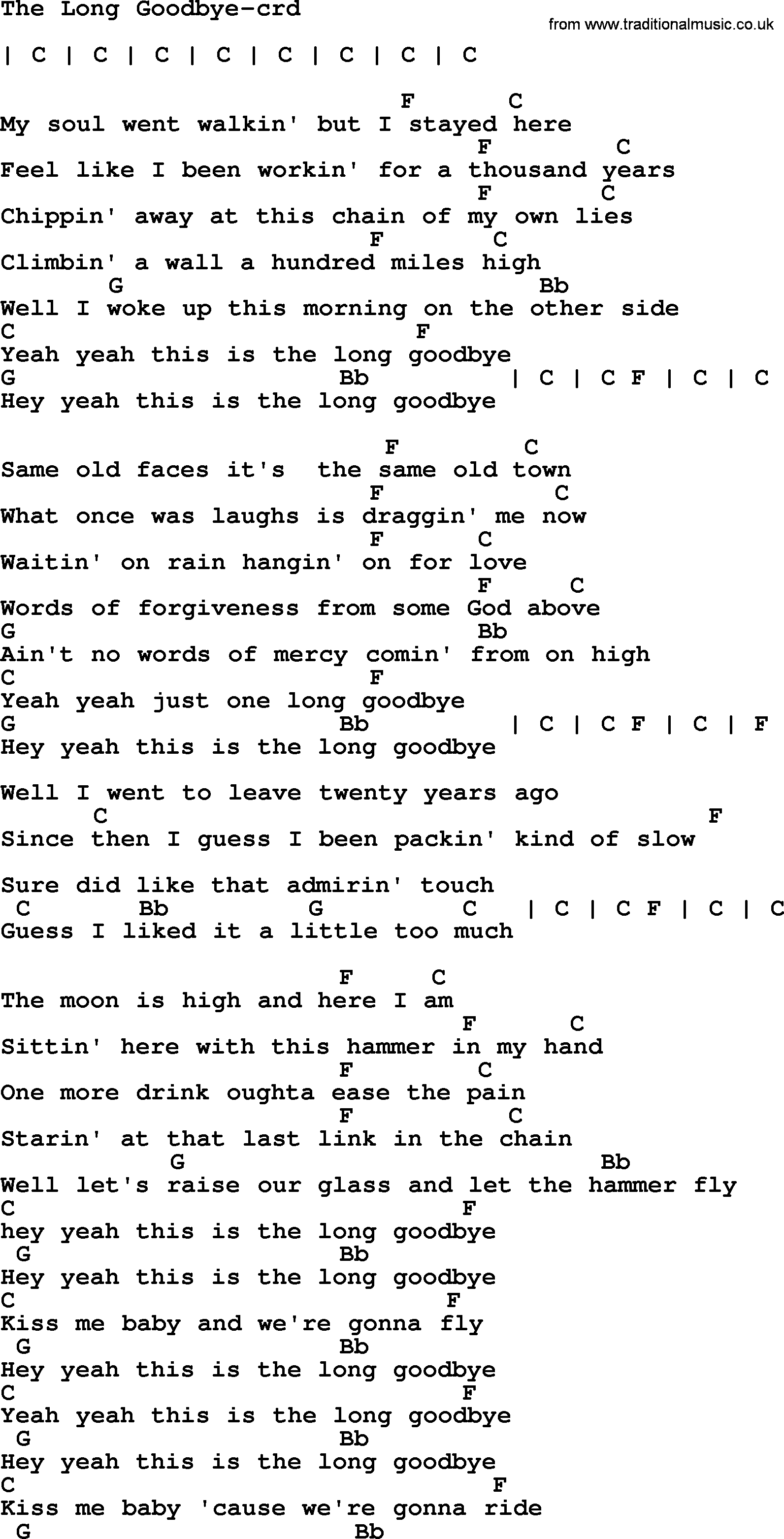 Bruce Springsteen song: The Long Goodbye, lyrics and chords