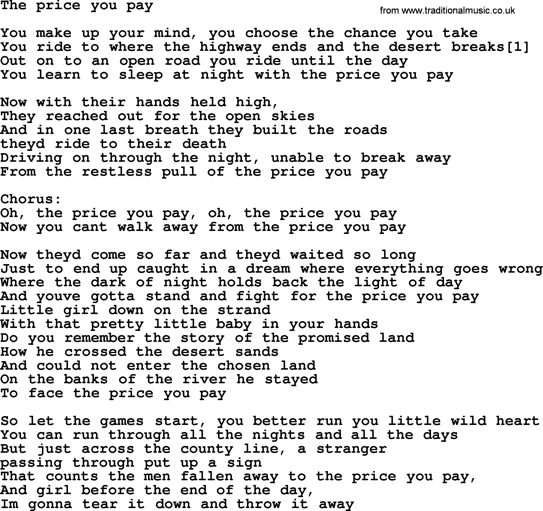 Bruce Springsteen song: The Price You Pay lyrics
