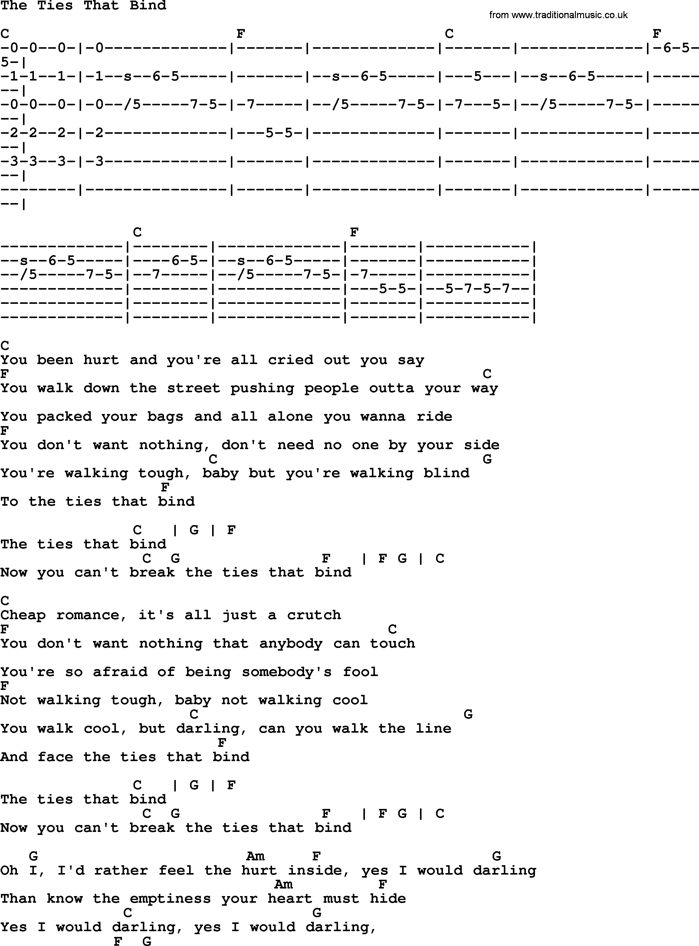 Bruce Springsteen song: The Ties That Bind, lyrics and chords