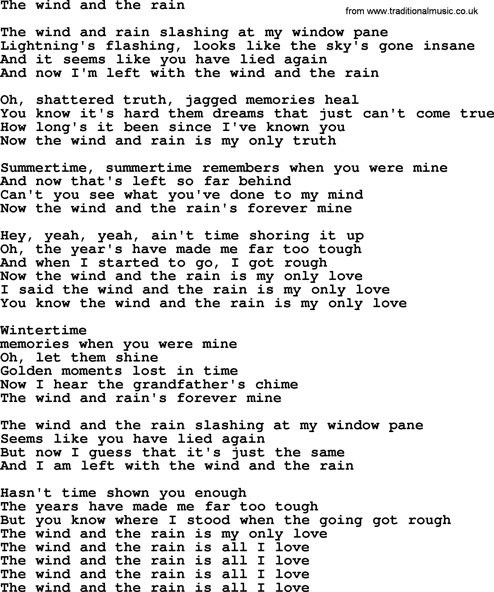 Bruce Springsteen song: The Wind And The Rain lyrics