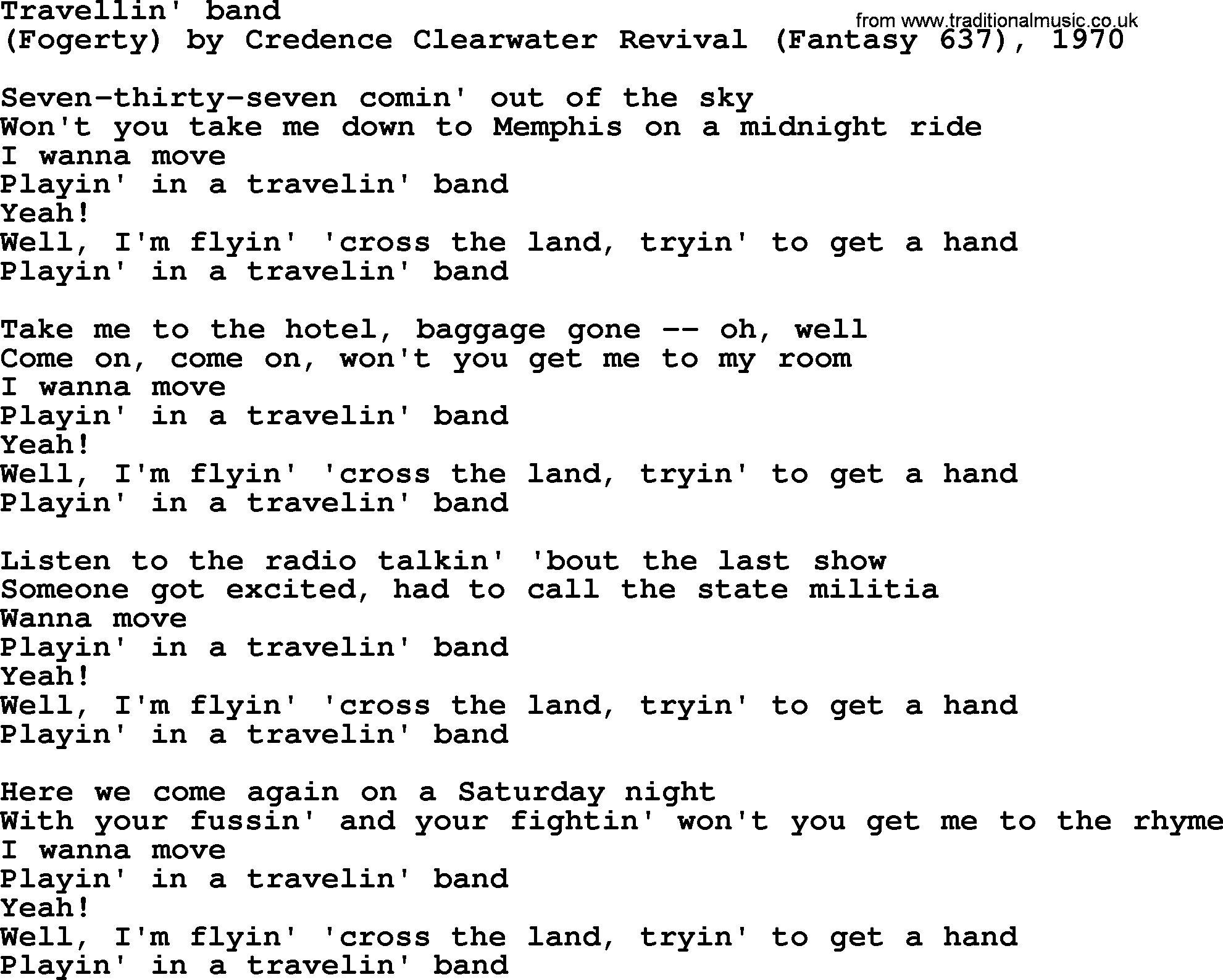 Bruce Springsteen song: Travellin' Band lyrics