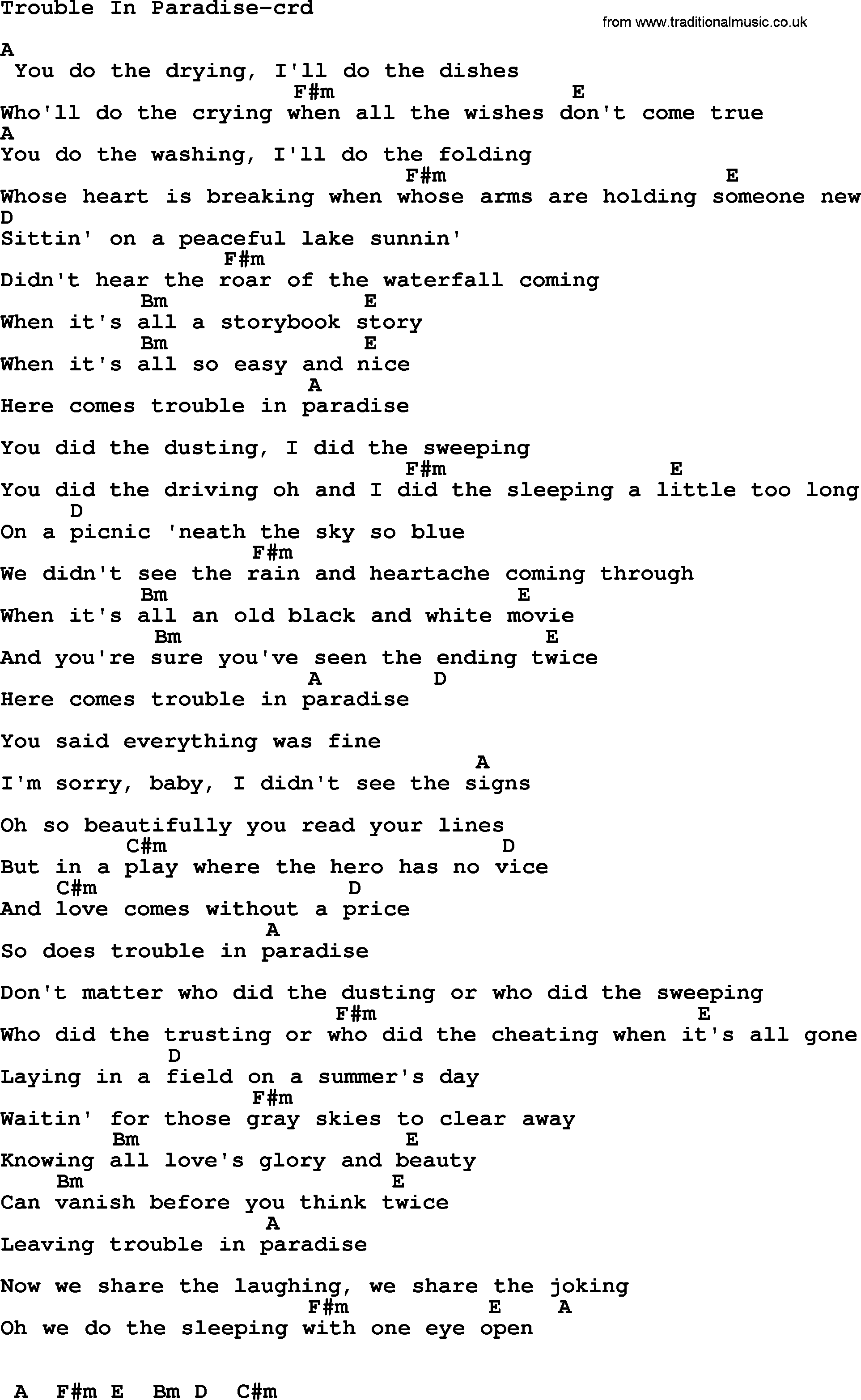 Bruce Springsteen song: Trouble In Paradise, lyrics and chords