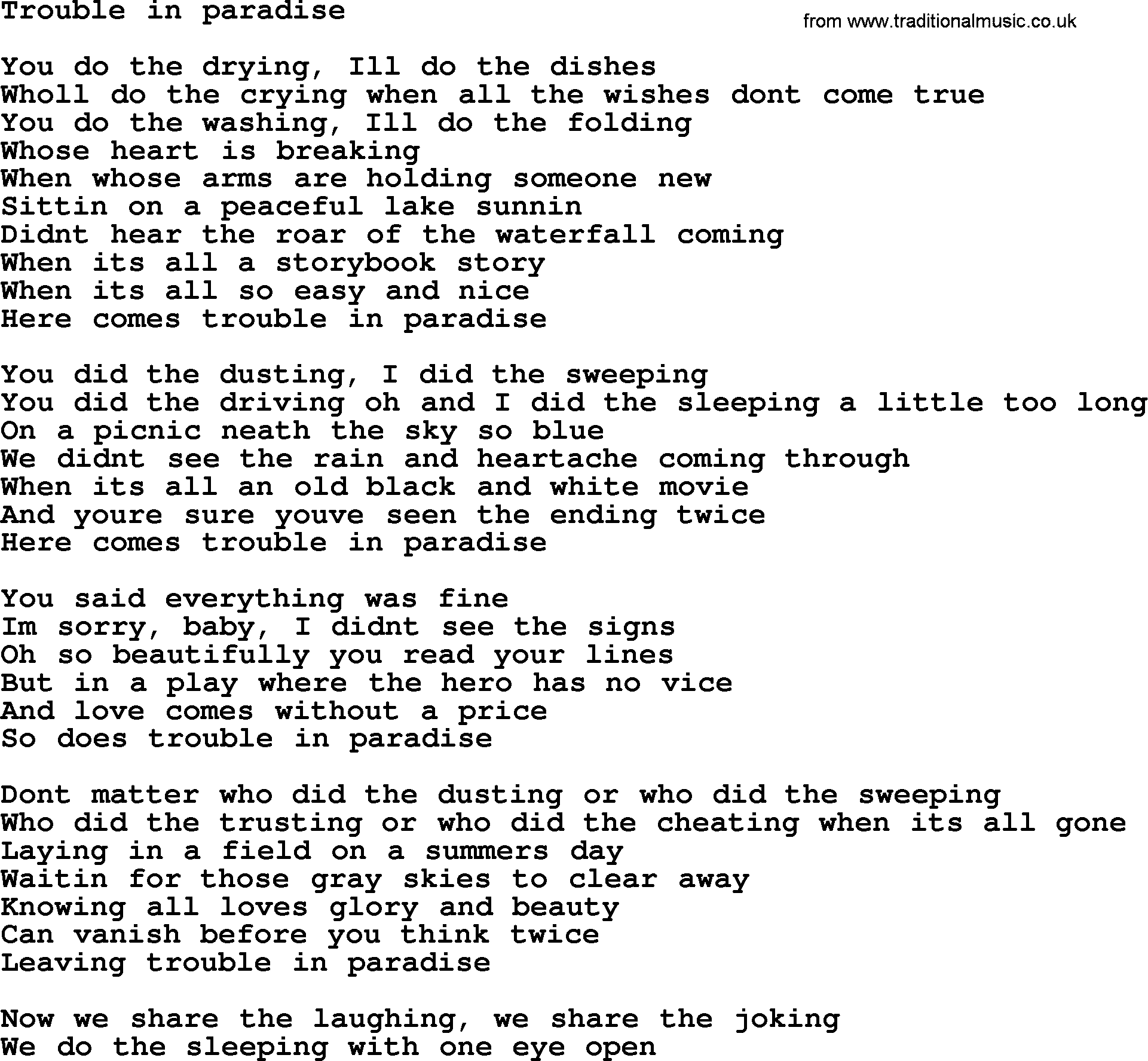 Bruce Springsteen song: Trouble In Paradise lyrics