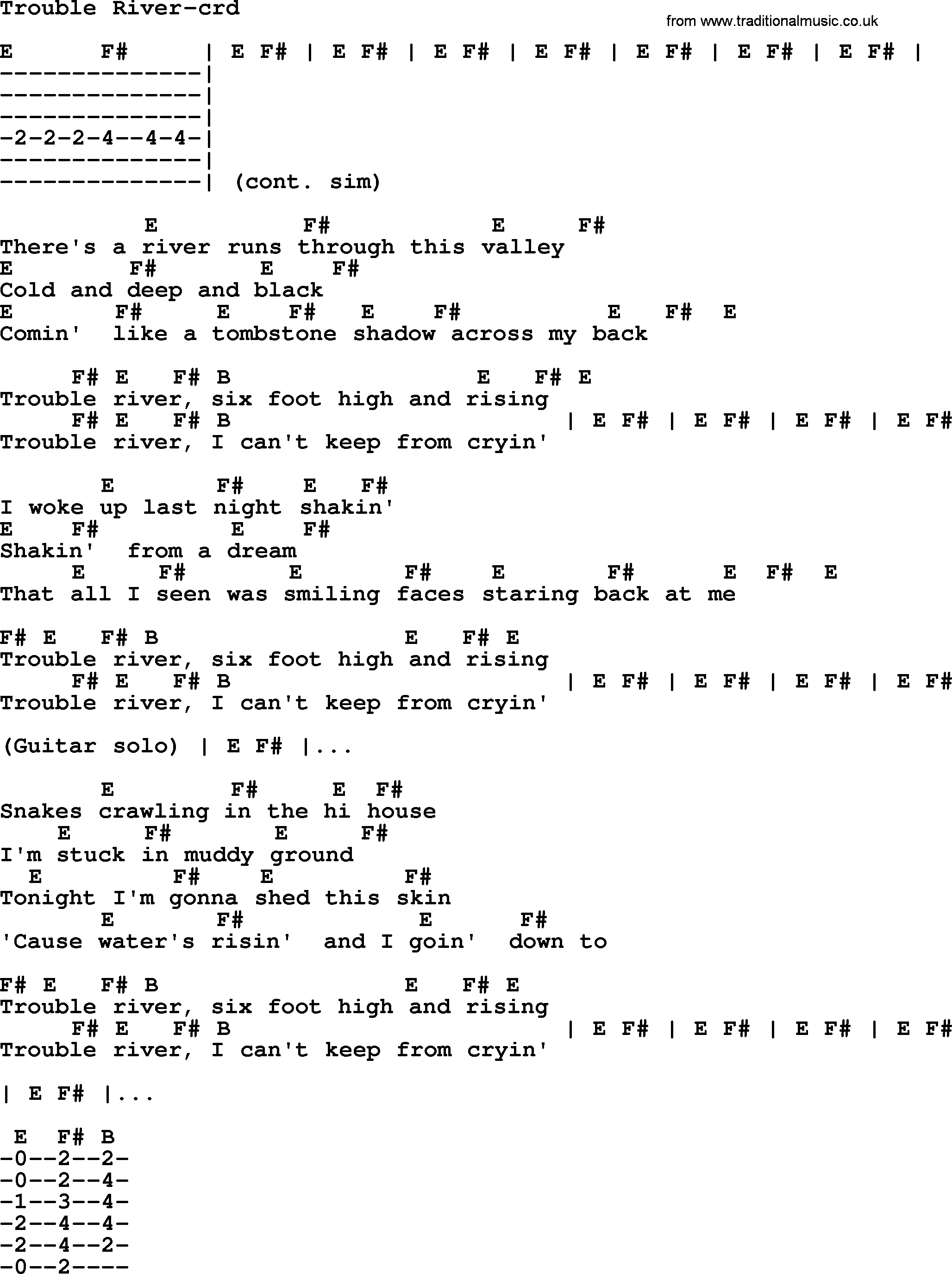Bruce Springsteen song: Trouble River, lyrics and chords
