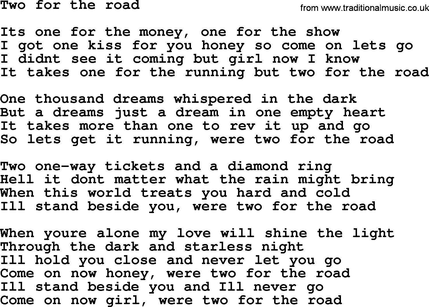 Bruce Springsteen song: Two For The Road lyrics