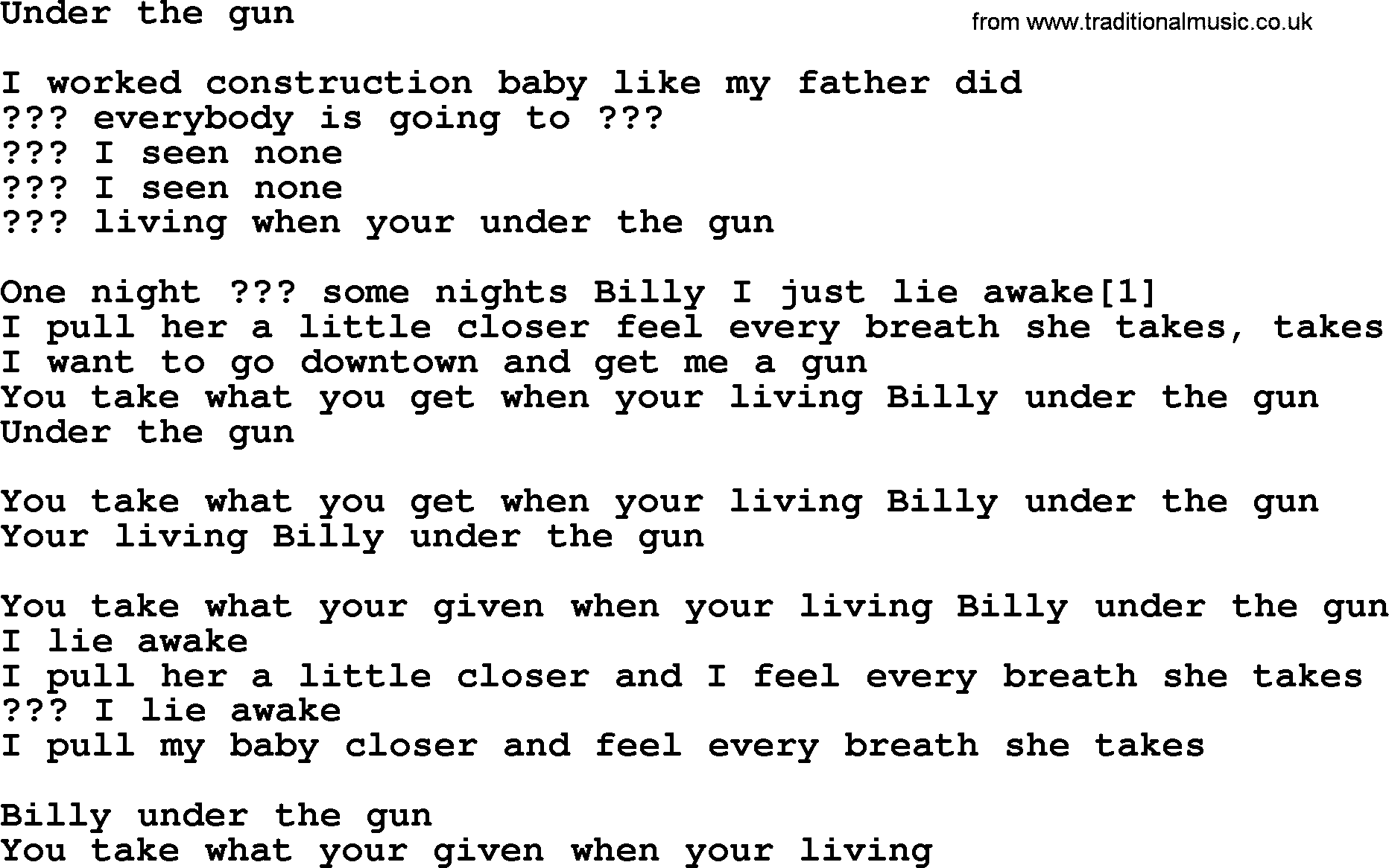 Bruce Springsteen song: Under The Gun lyrics