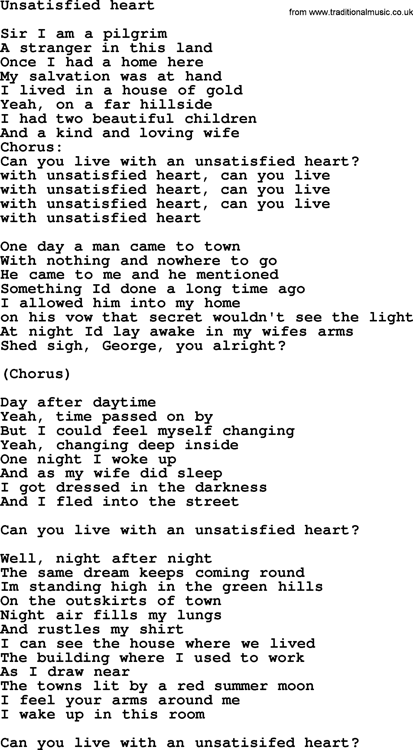 Bruce Springsteen song: Unsatisfied Heart lyrics