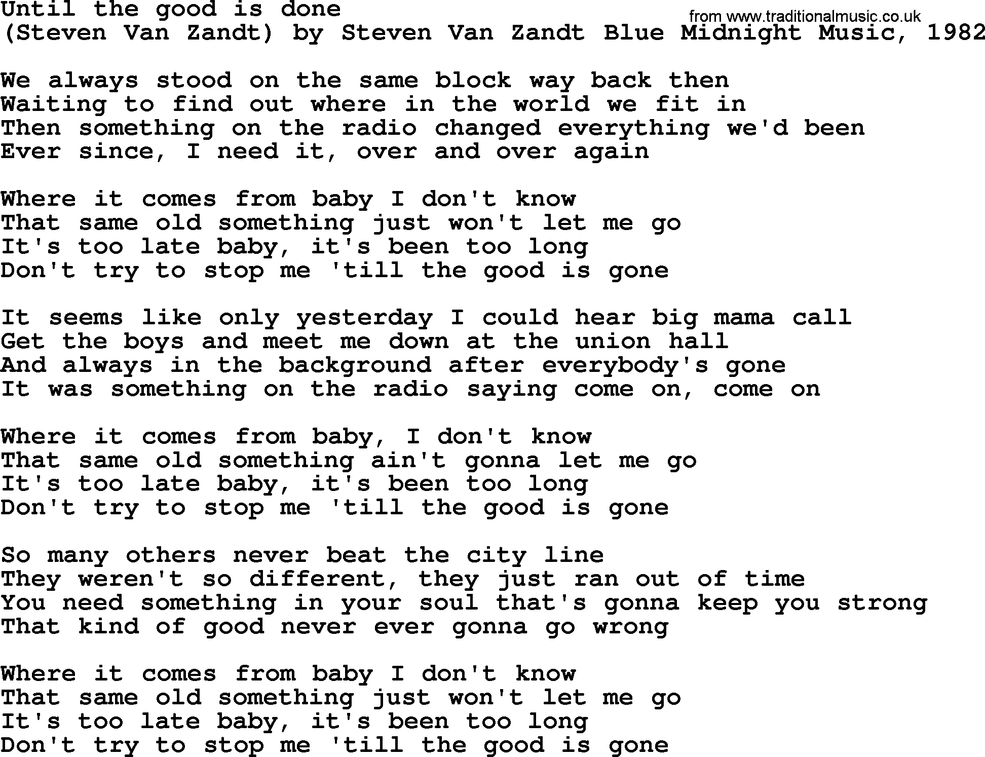 Bruce Springsteen song: Until The Good Is Done lyrics