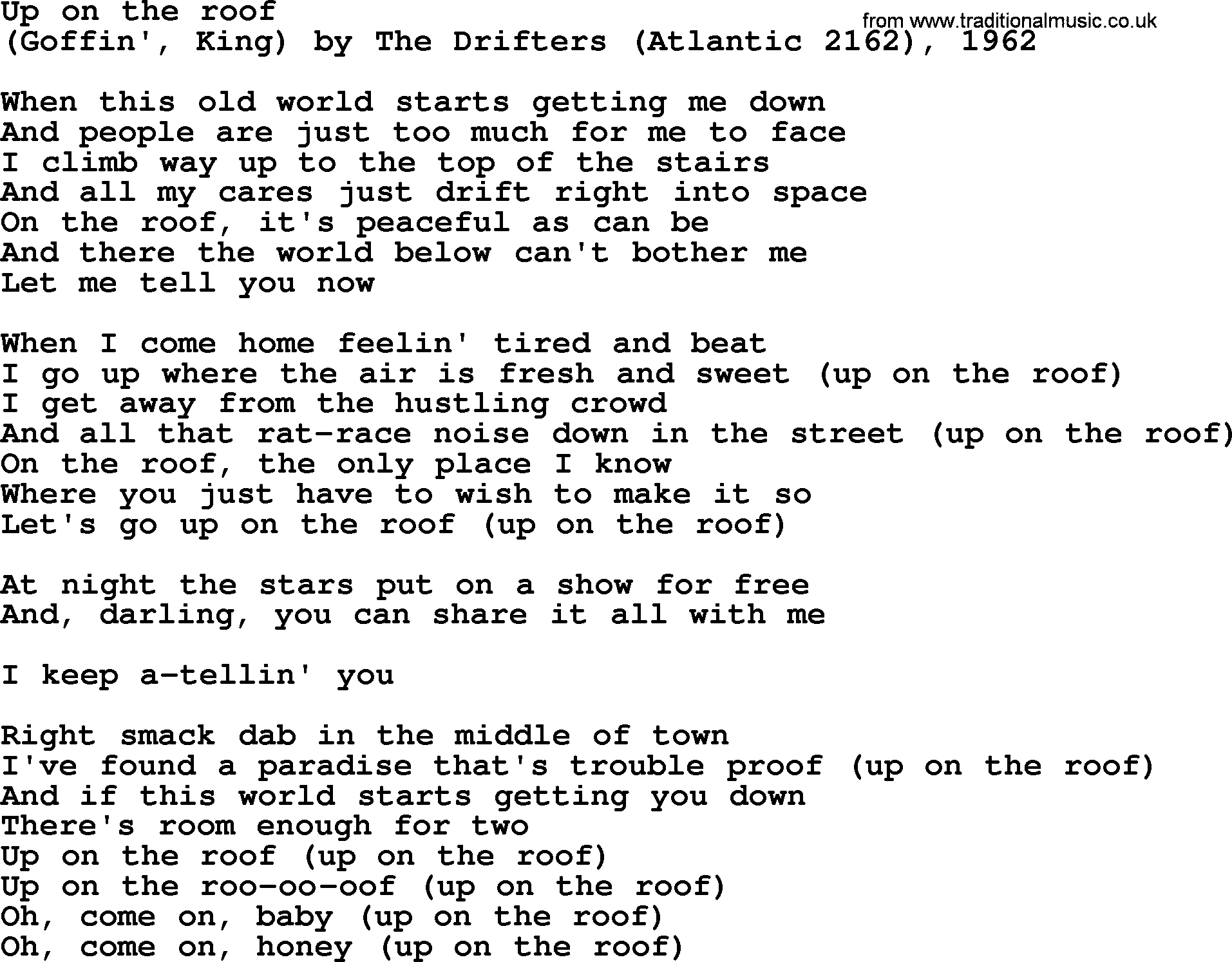 Bruce Springsteen Song Up On The Roof Lyrics