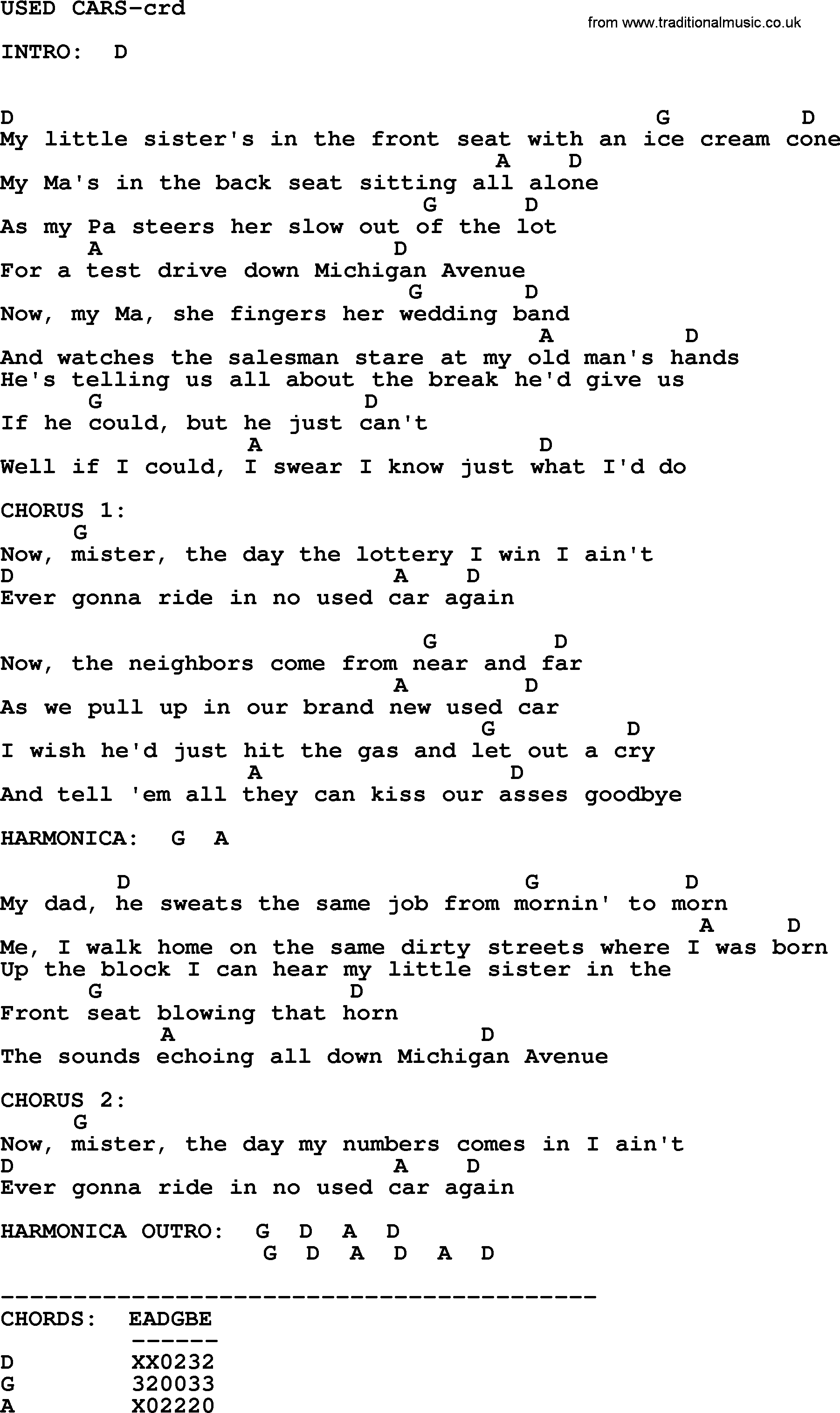 Bruce Springsteen song: Used Cars, lyrics and chords