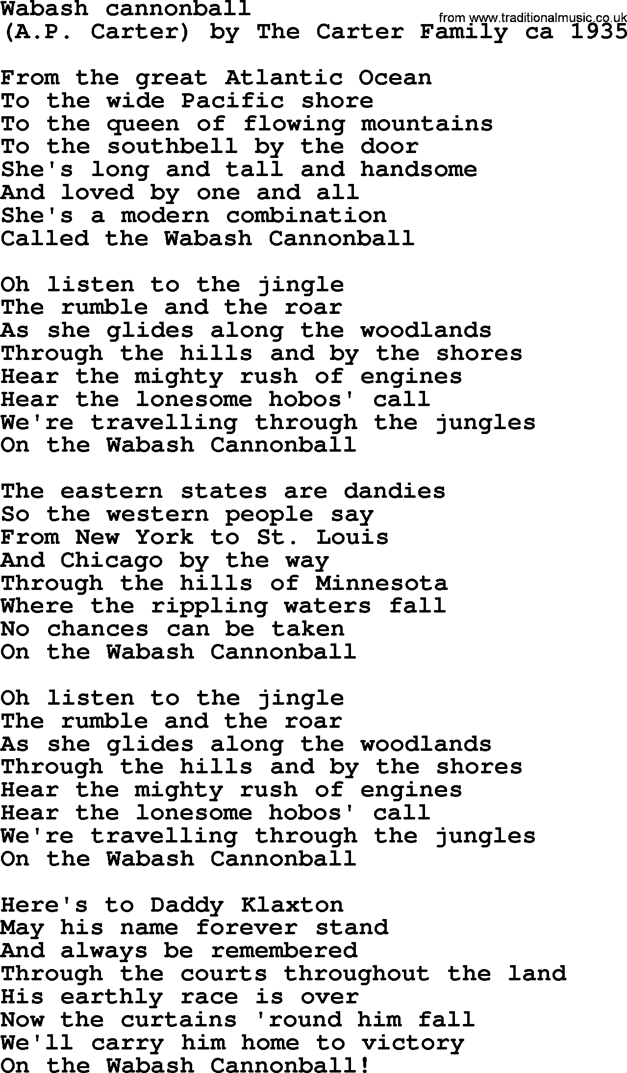 Bruce Springsteen song: Wabash Cannonball lyrics