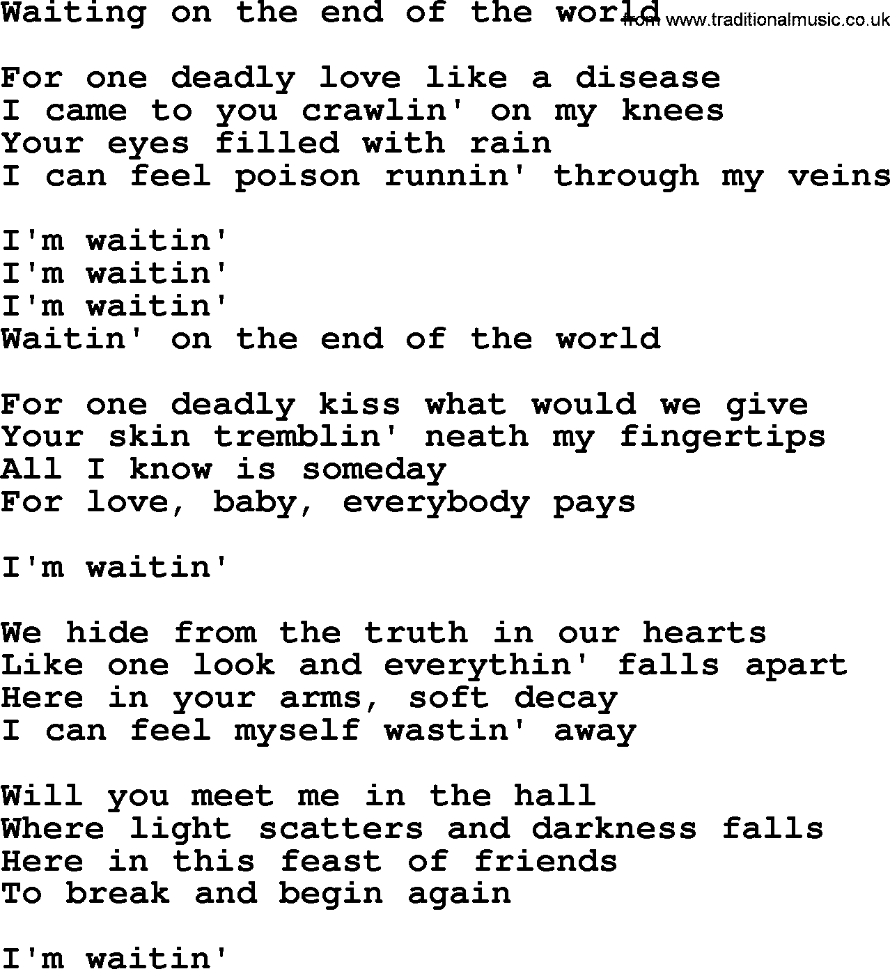 Bruce Springsteen song: Waiting On The End Of The World lyrics