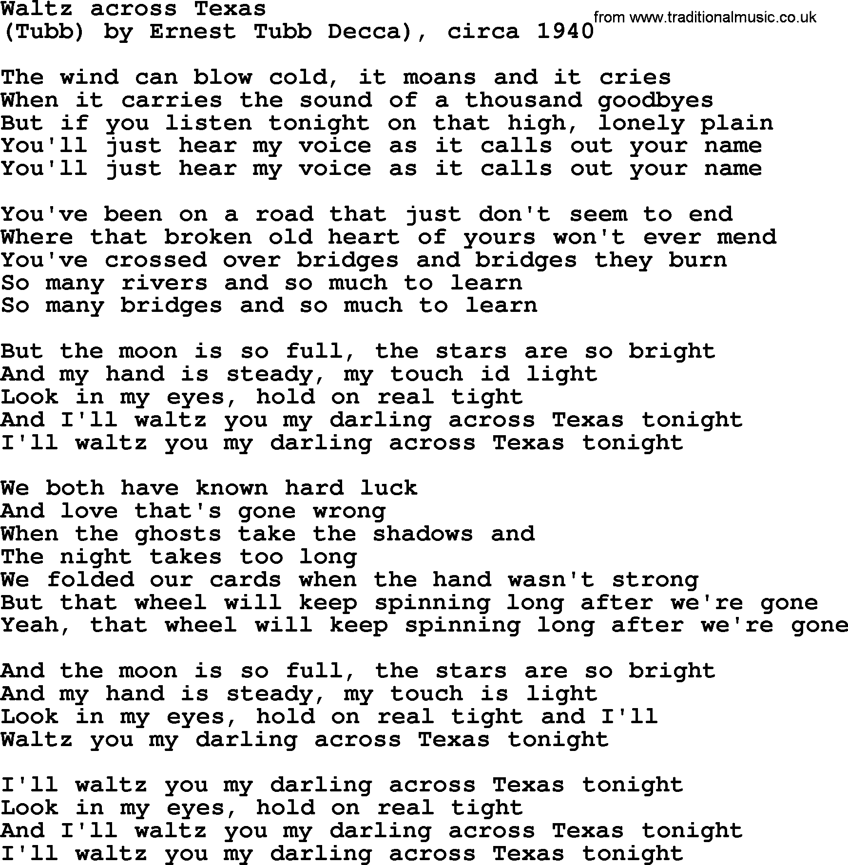 Bruce Springsteen song: Waltz Across Texas lyrics