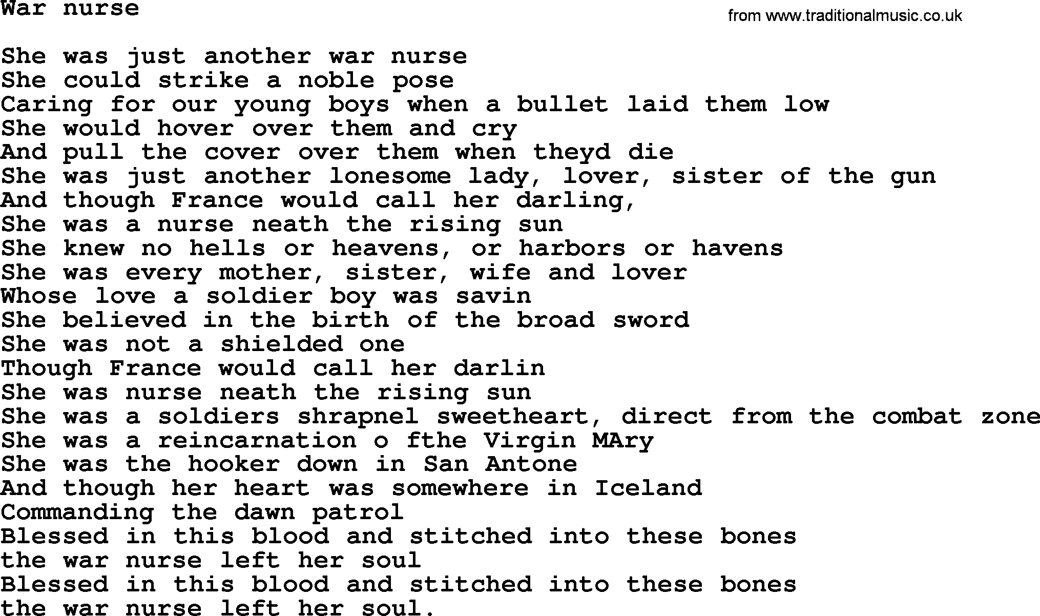 Bruce Springsteen song: War Nurse lyrics