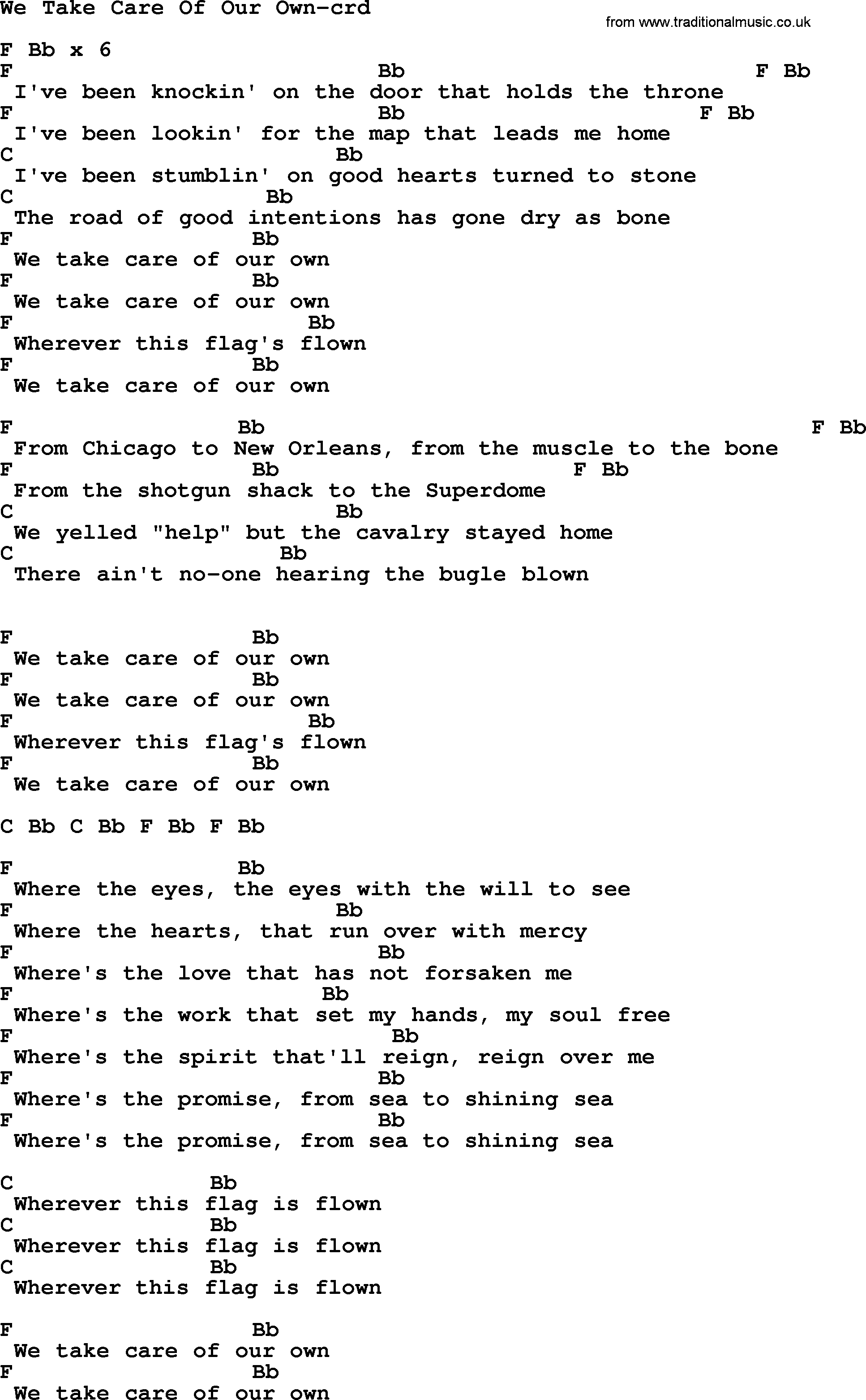 Bruce Springsteen song: We Take Care Of Our Own, lyrics and chords