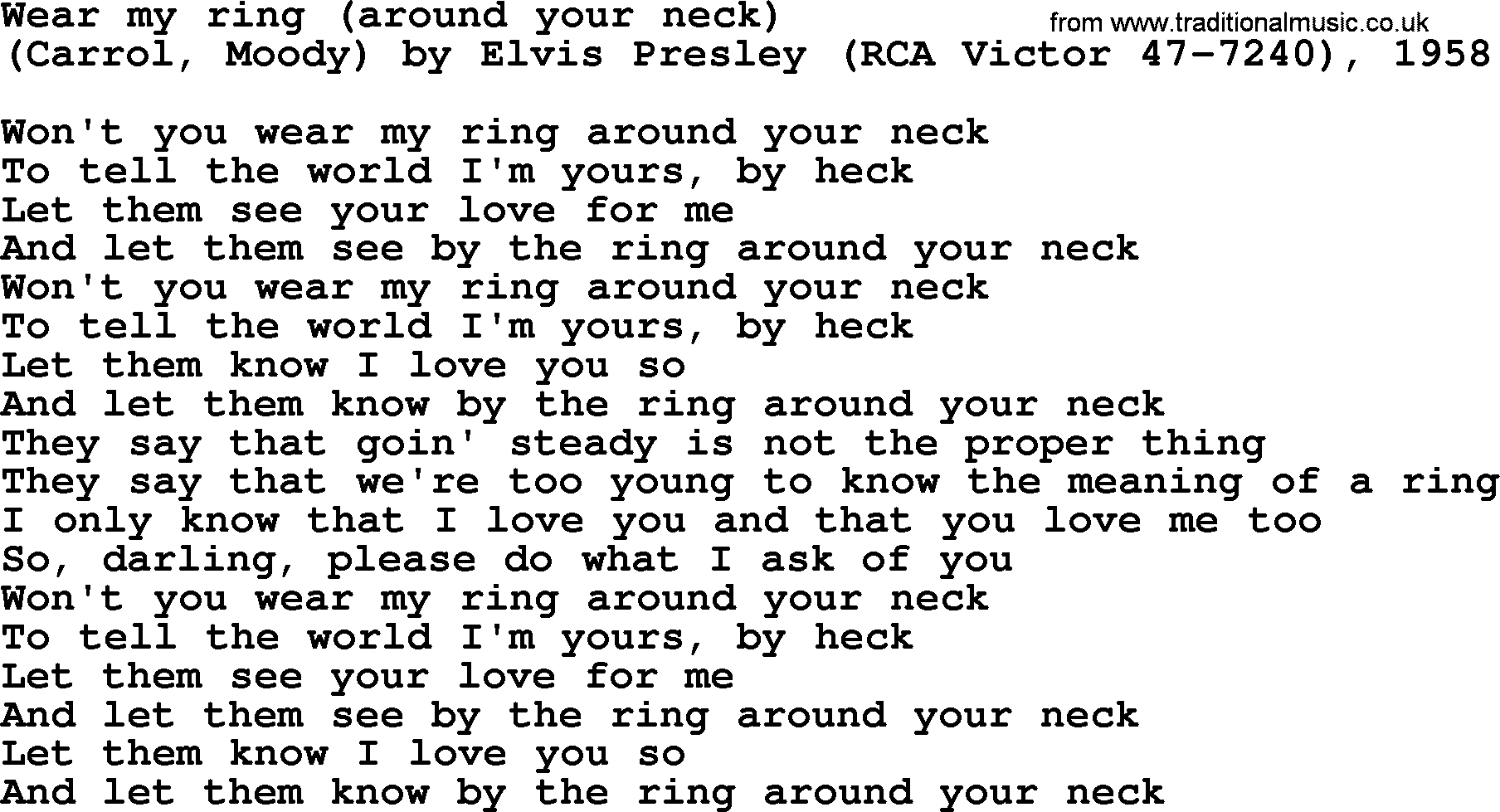 Bruce Springsteen song: Wear My Ring(Around Your Neck) lyrics