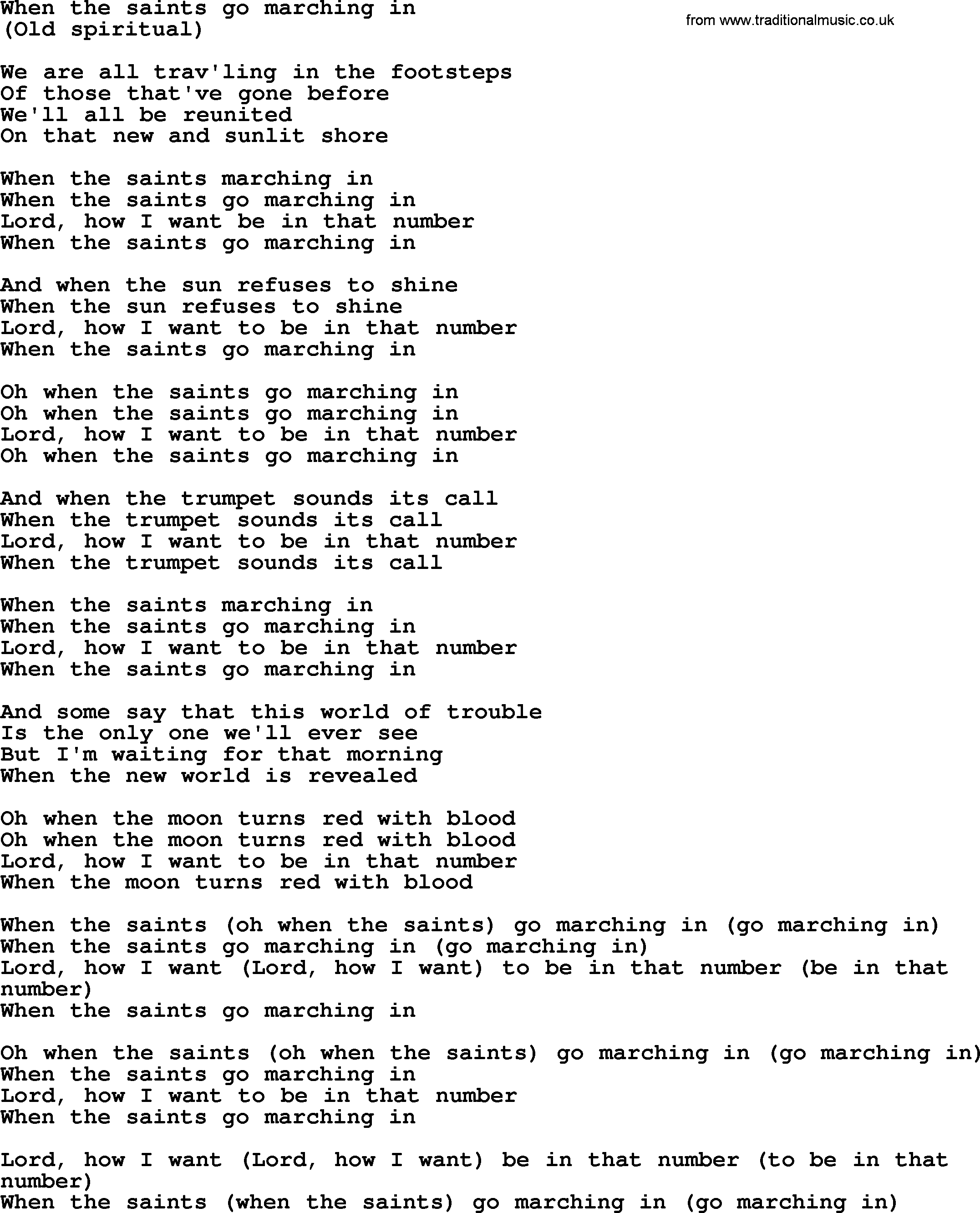 Bruce Springsteen song: When The Saints Go Marching In lyrics