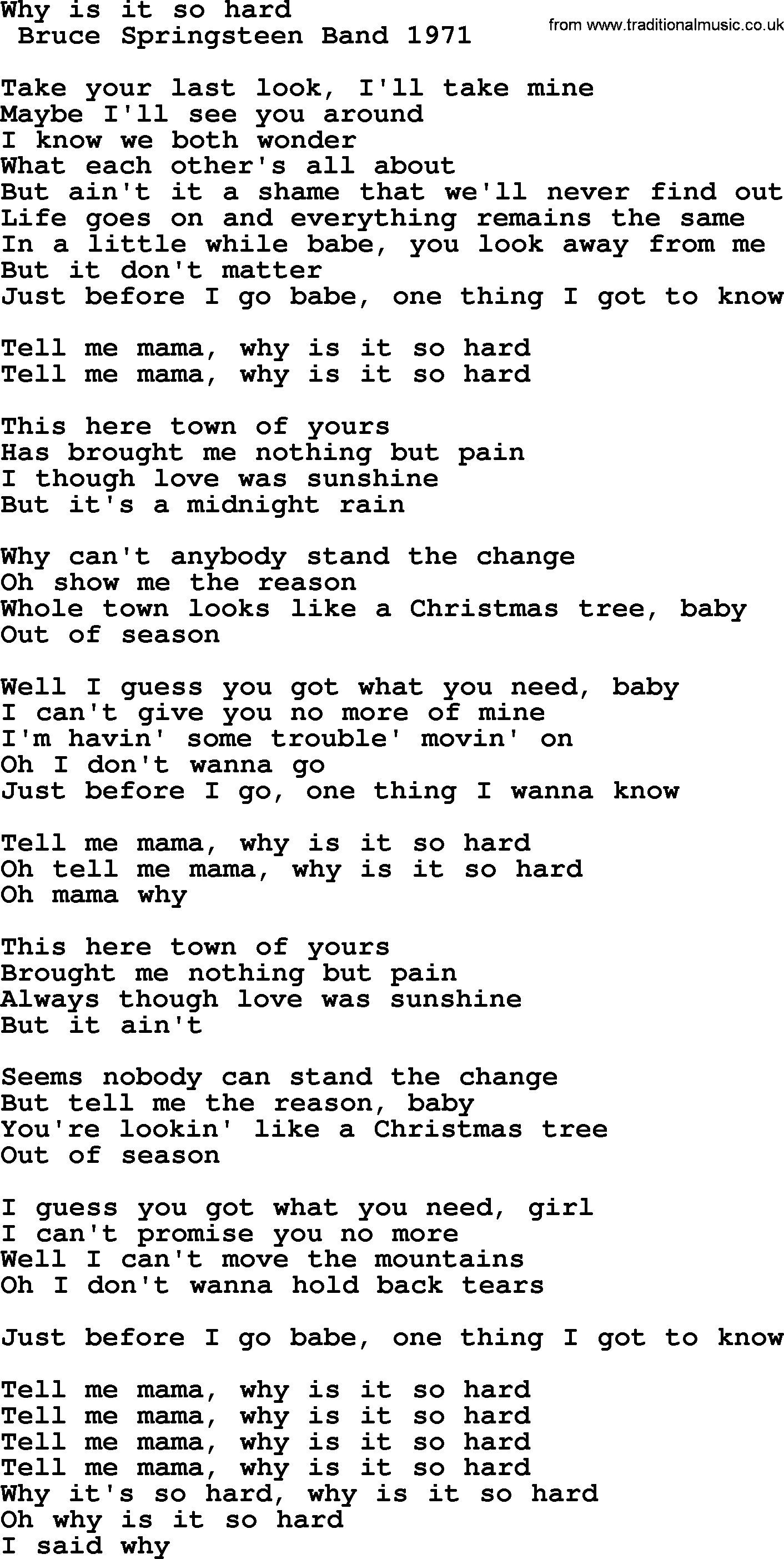 Bruce Springsteen song: Why Is It So Hard lyrics