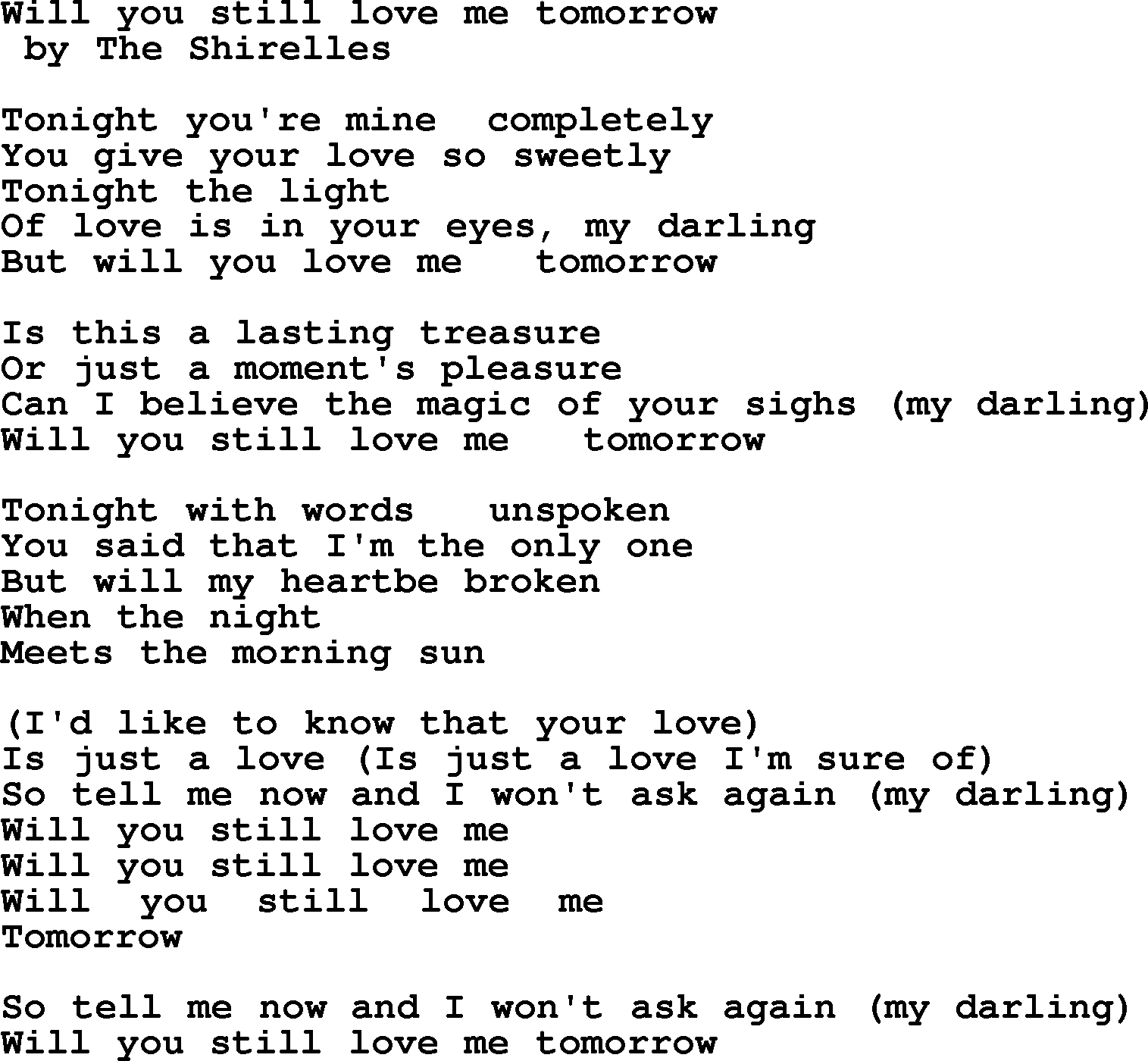Bruce Springsteen song: Will You Still Love Me Tomorrow lyrics