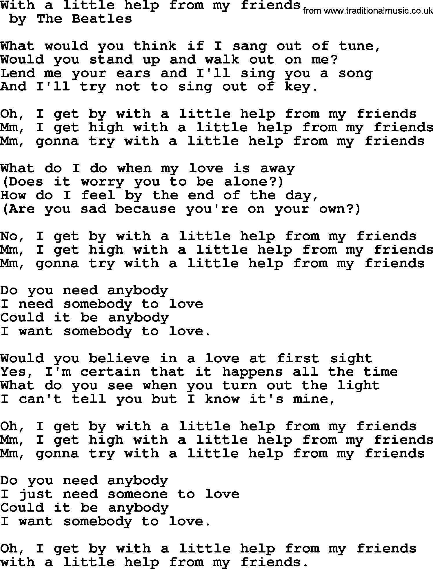 Bruce Springsteen song: With A Little Help From My Friends lyrics