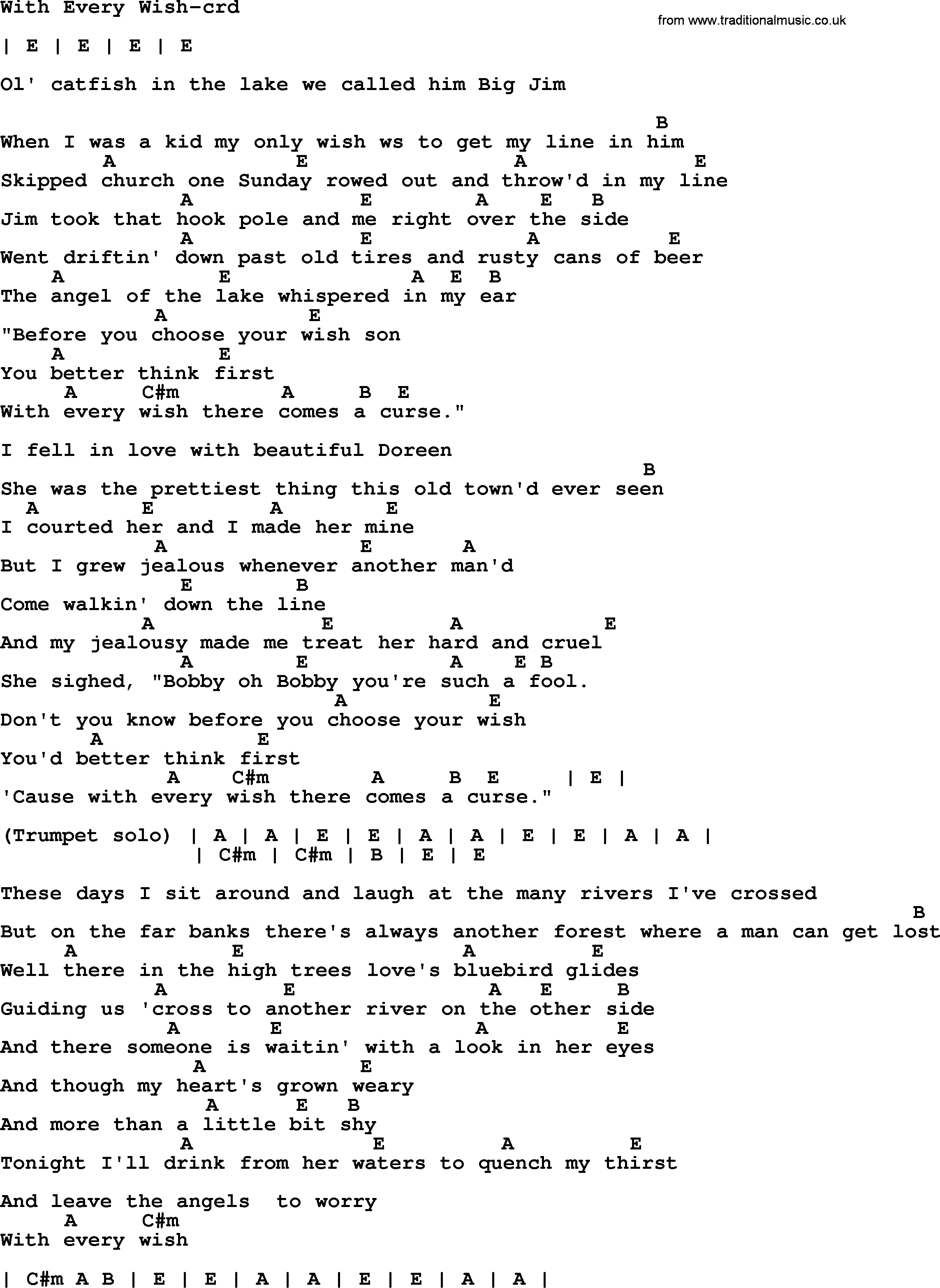 Bruce Springsteen song: With Every Wish, lyrics and chords