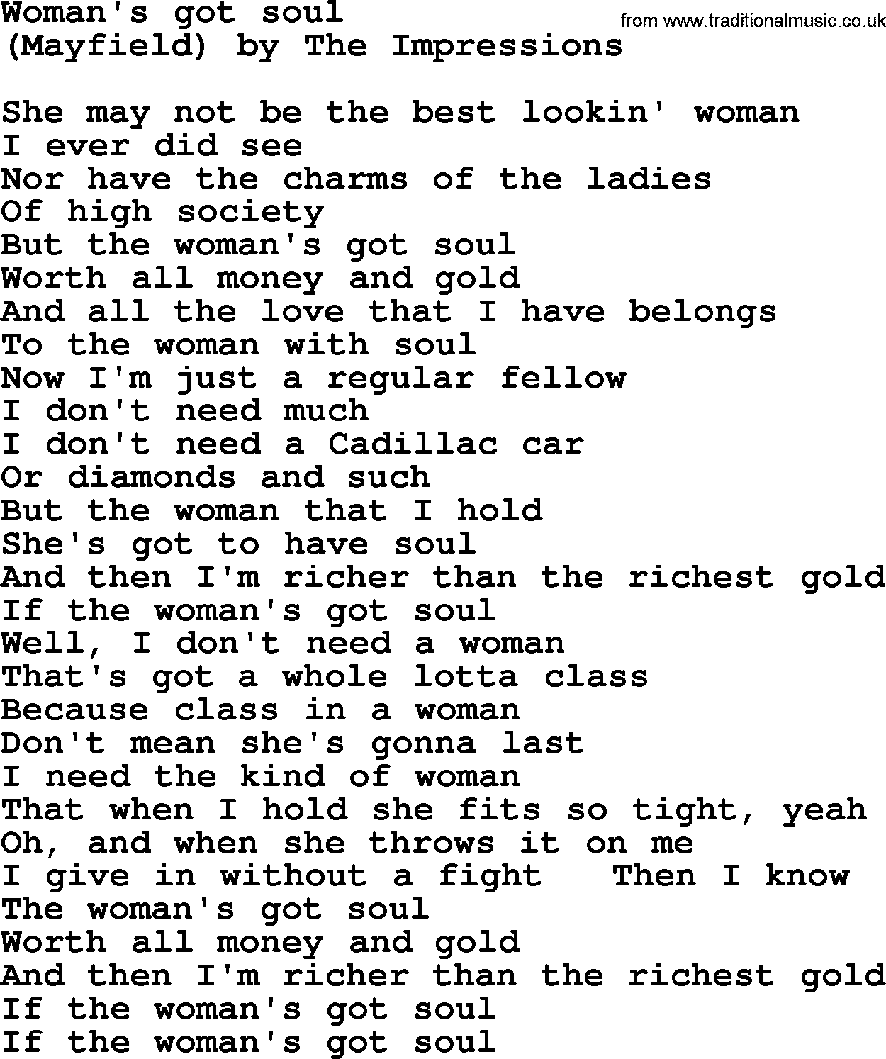 Bruce Springsteen song: Woman's Got Soul lyrics