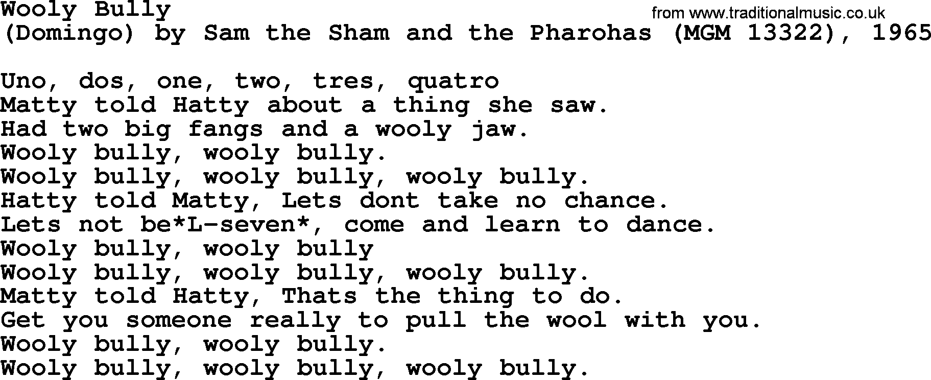 Bruce Springsteen song: Wooly Bully lyrics