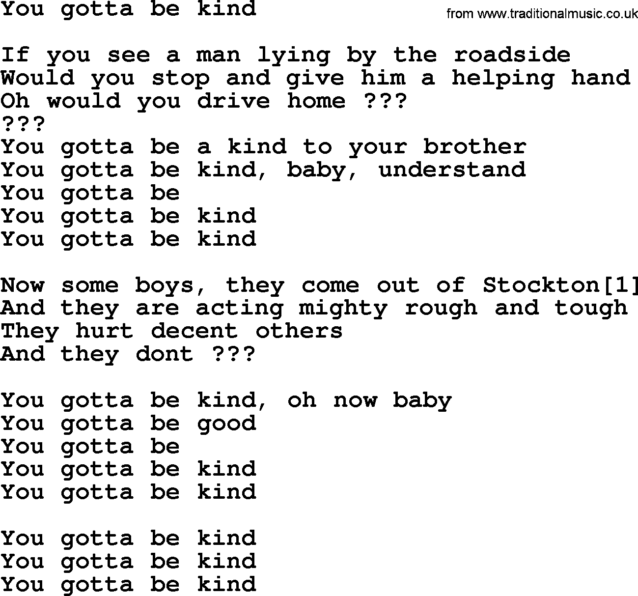 Bruce Springsteen song: You Gotta Be Kind lyrics