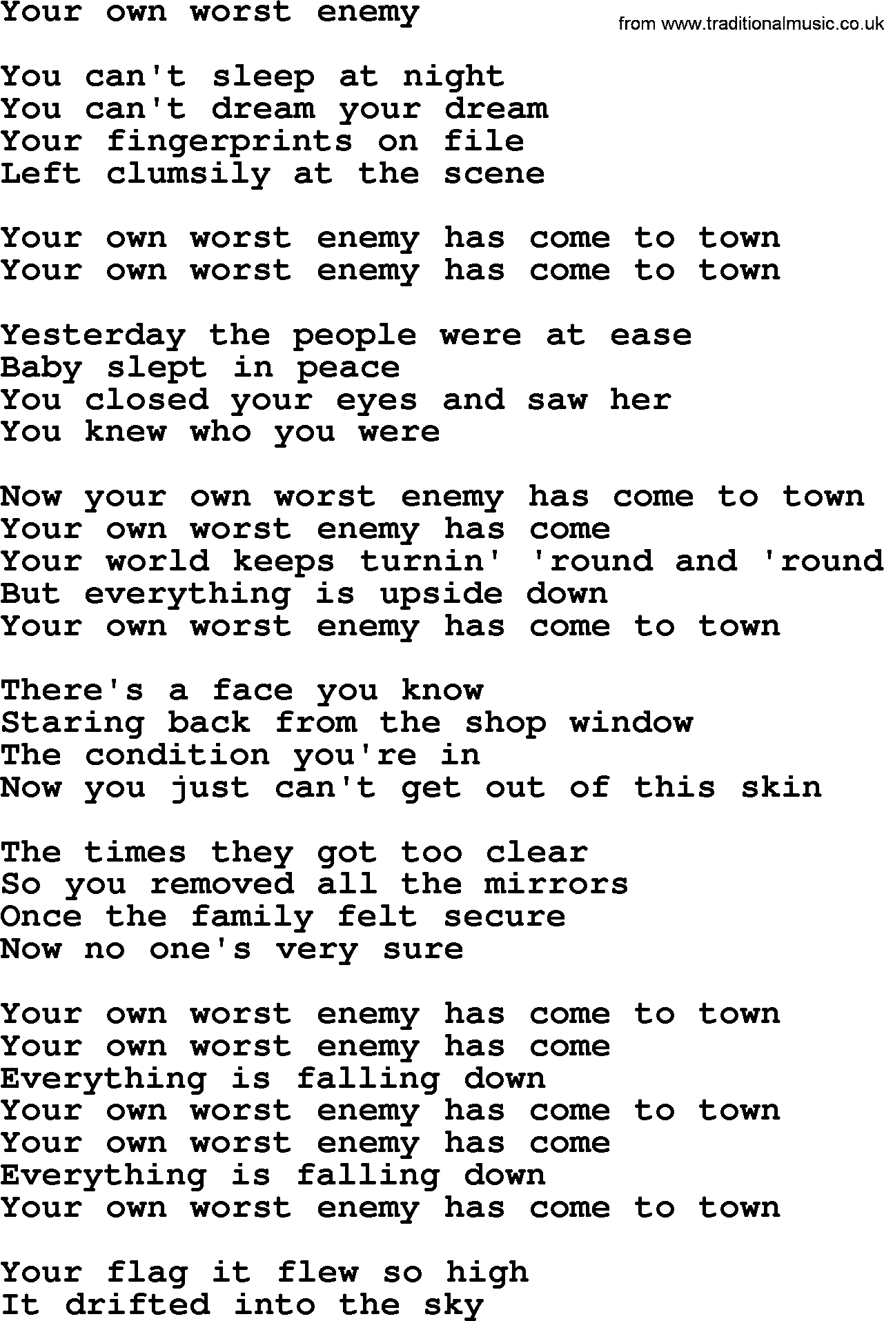 Bruce Springsteen song: Your Own Worst Enemy lyrics