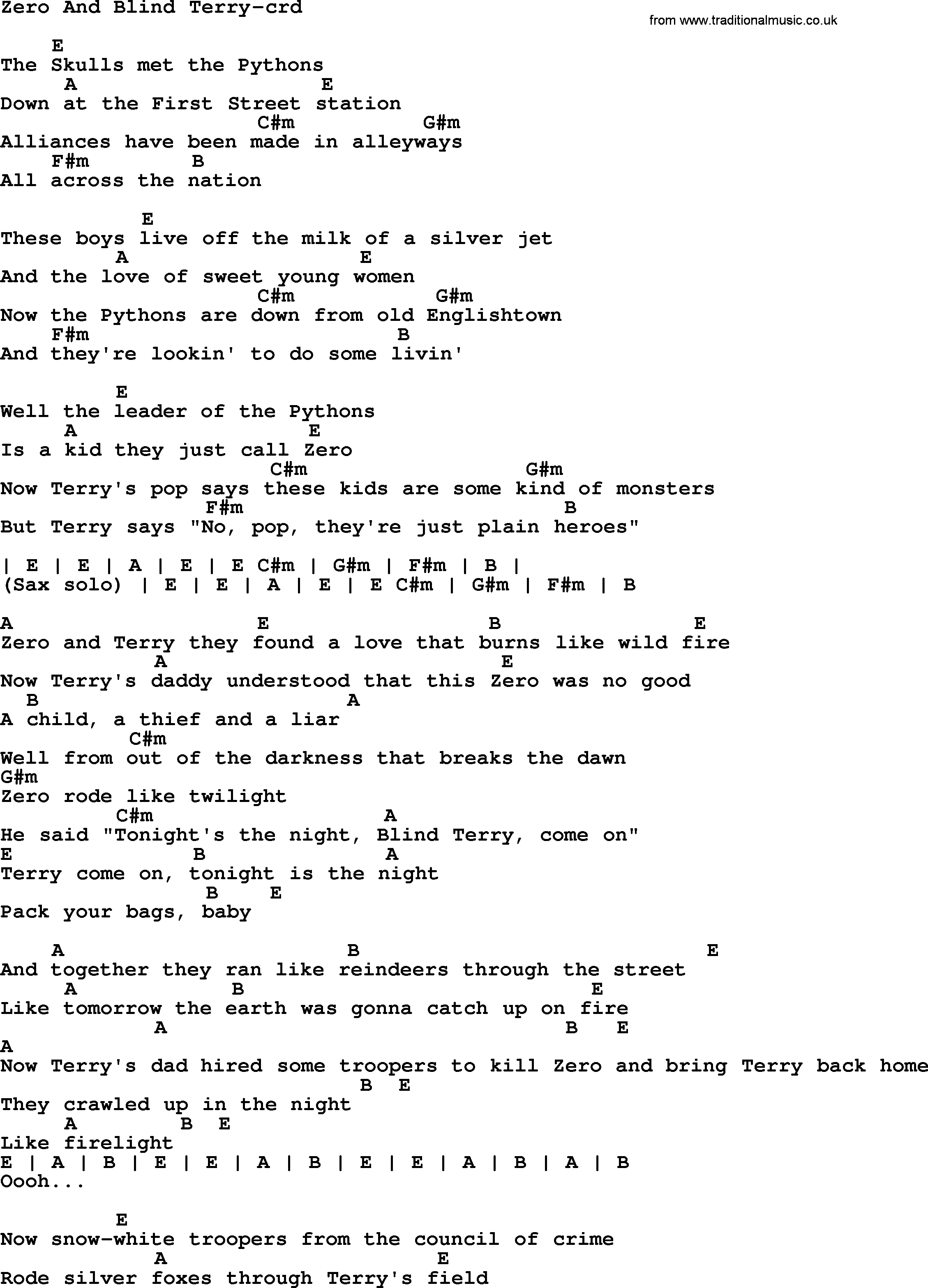 Bruce Springsteen song: Zero And Blind Terry, lyrics and chords