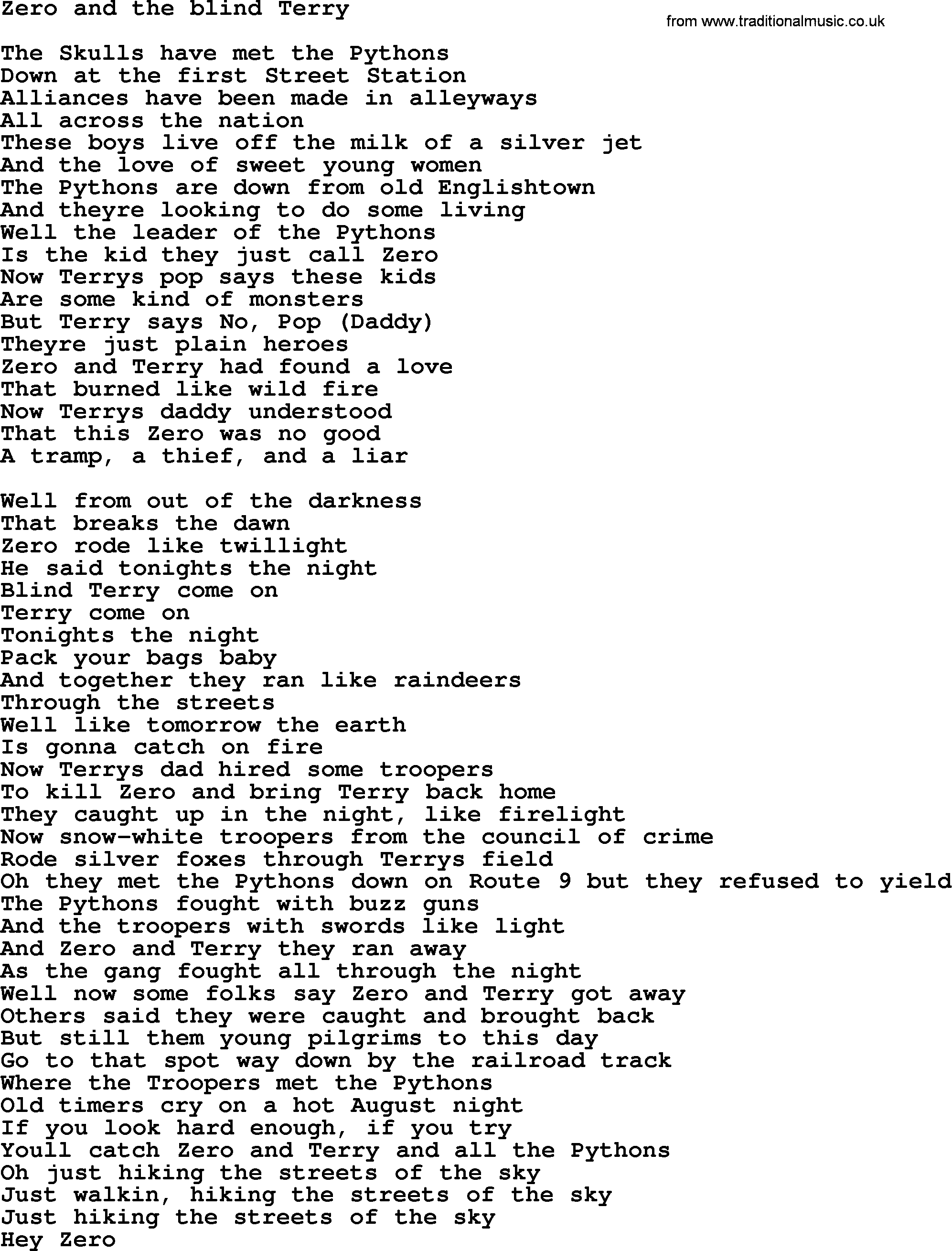 Bruce Springsteen song: Zero And The Blind Terry lyrics