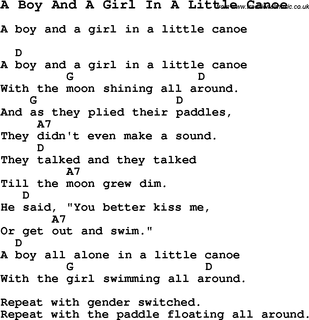 Summer-Camp Song, A Boy And A Girl In A Little Canoe, with lyrics and chords for Ukulele, Guitar Banjo etc.