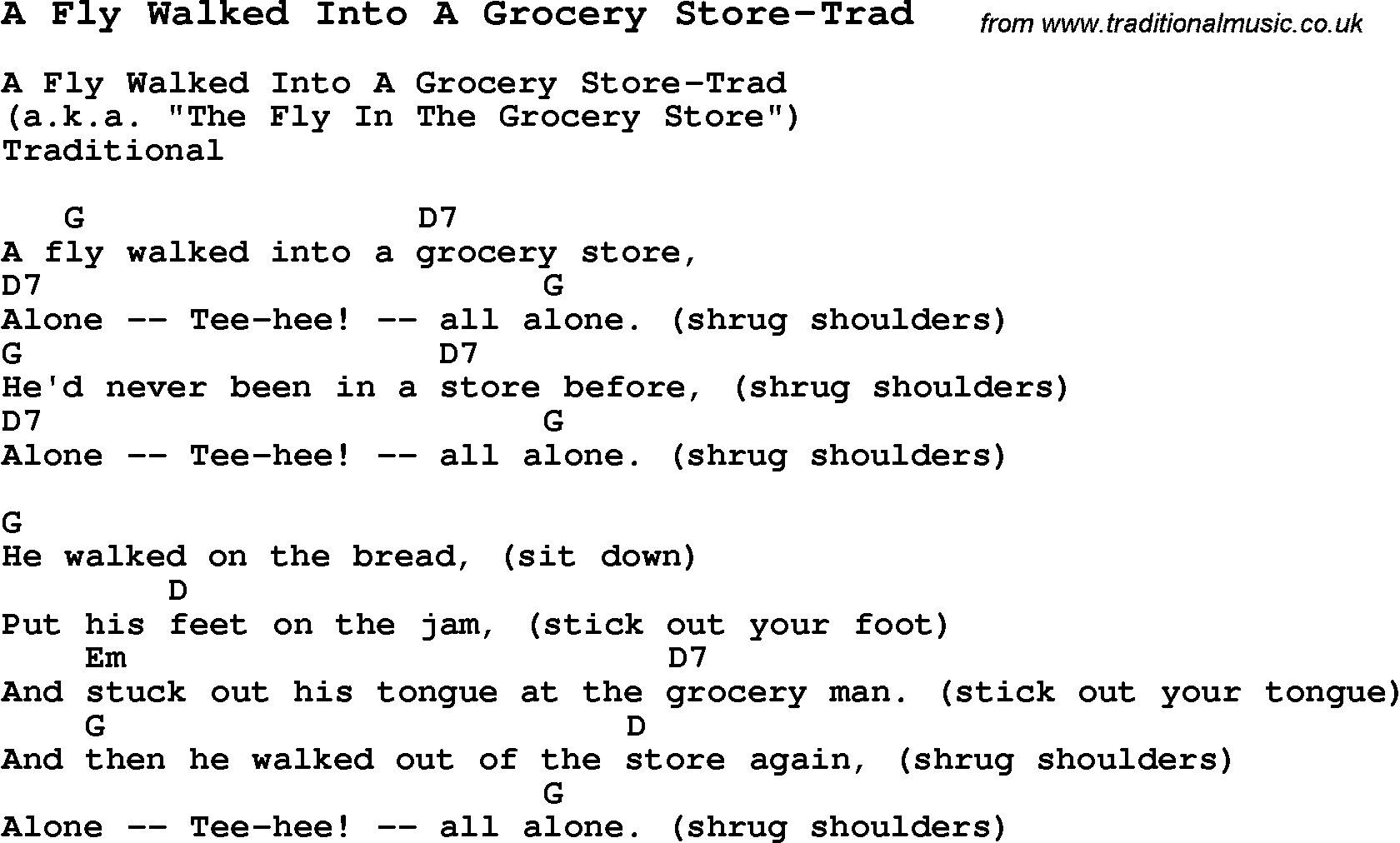 Summer-Camp Song, A Fly Walked Into A Grocery Store-Trad, with lyrics and chords for Ukulele, Guitar Banjo etc.