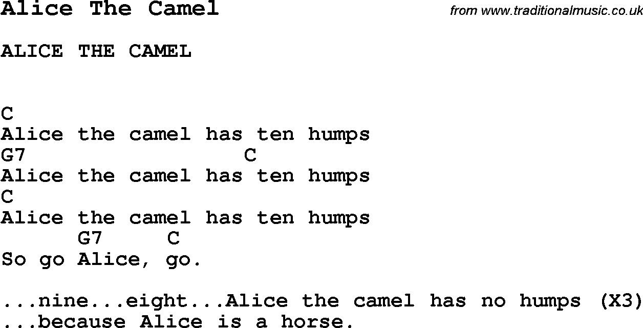 Summer-Camp Song, Alice The Camel, with lyrics and chords for Ukulele, Guitar Banjo etc.