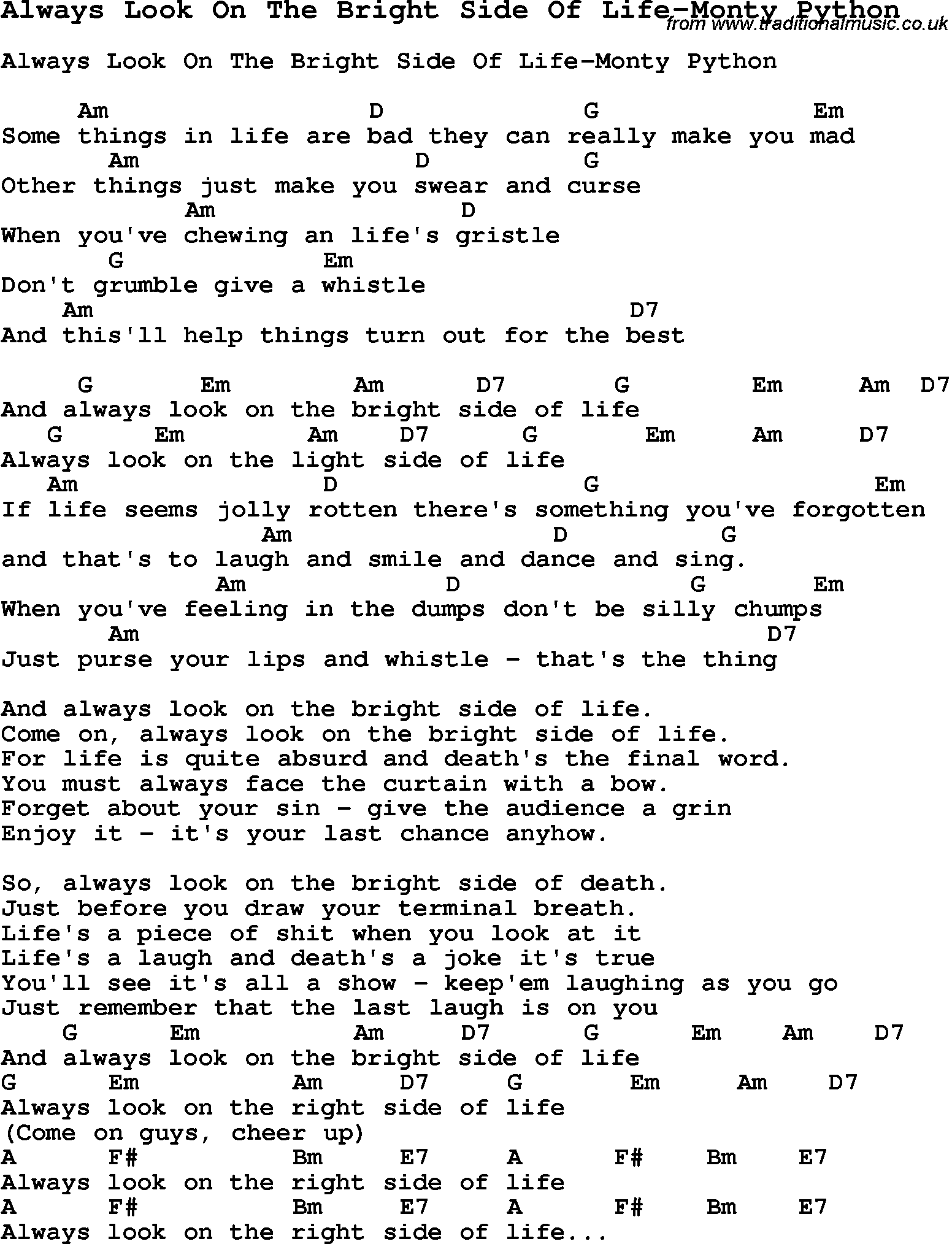 Summer-Camp Song, Always Look On The Bright Side Of Life-Monty Python, with lyrics and chords for Ukulele, Guitar Banjo etc.