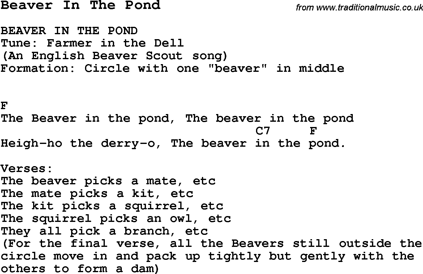 Summer-Camp Song, Beaver In The Pond, with lyrics and chords for Ukulele, Guitar Banjo etc.