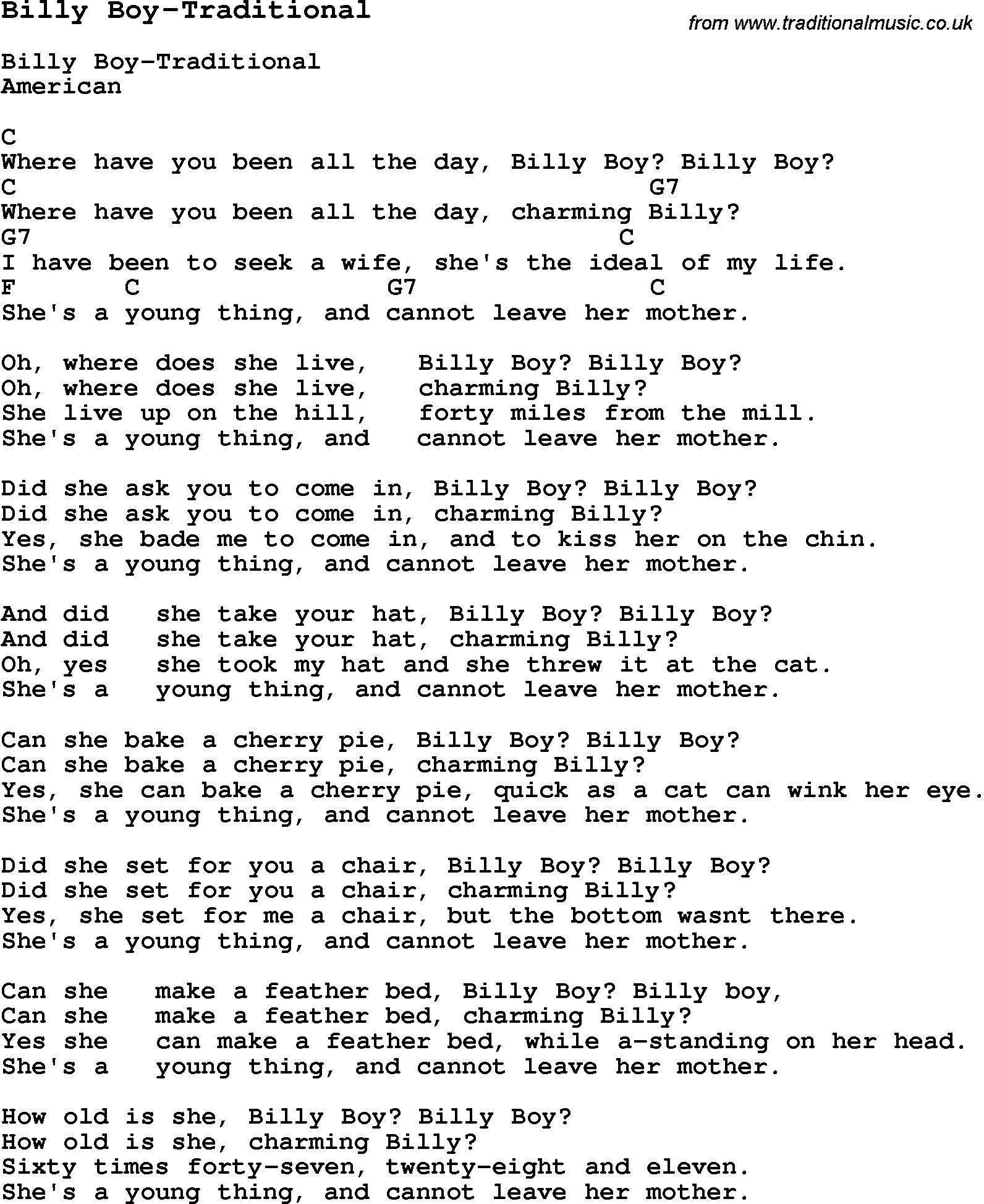 Summer-Camp Song, Billy Boy-Traditional, with lyrics and chords for Ukulele, Guitar Banjo etc.