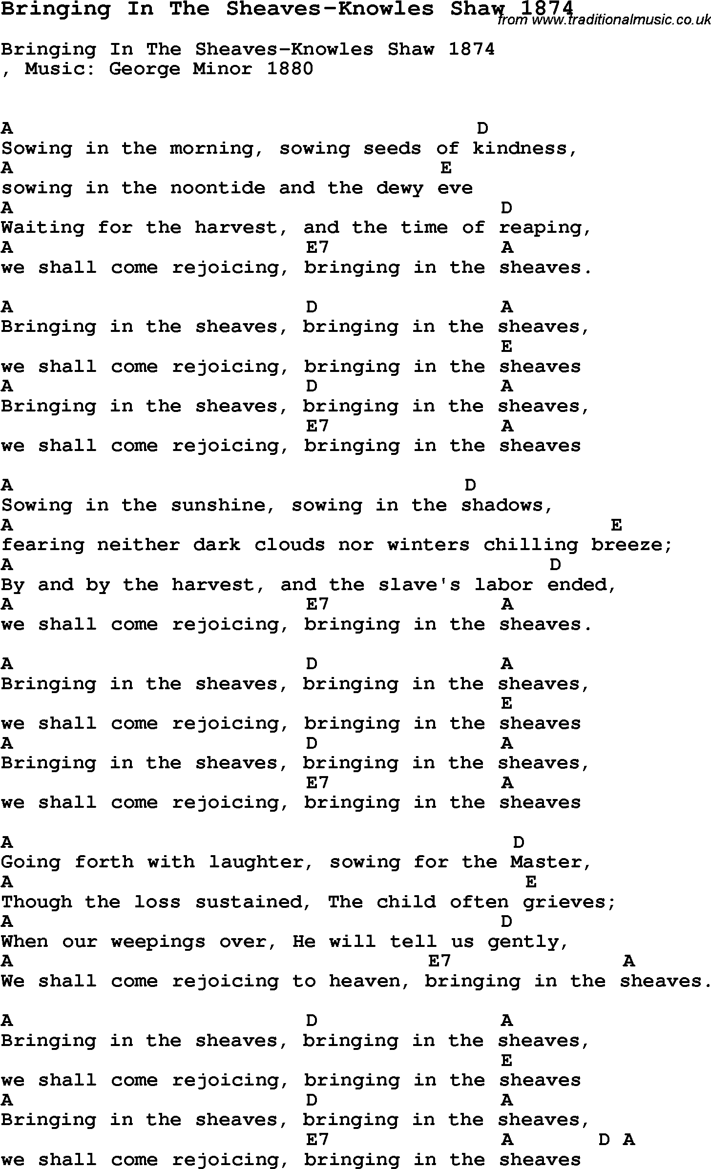 Summer-Camp Song, Bringing In The Sheaves-Knowles Shaw 1874, with lyrics and chords for Ukulele, Guitar Banjo etc.