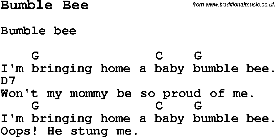 Summer-Camp Song, Bumble Bee, with lyrics and chords for Ukulele, Guitar Banjo etc.