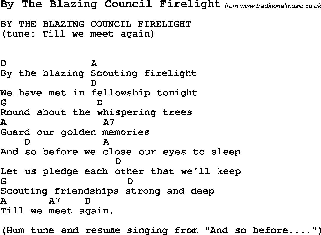 Summer-Camp Song, By The Blazing Council Firelight, with lyrics and chords for Ukulele, Guitar Banjo etc.