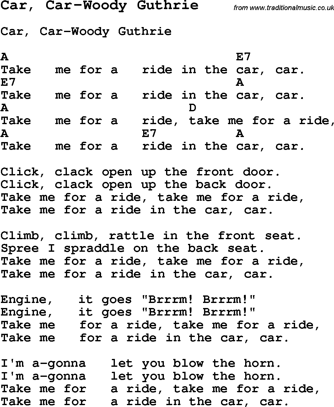 Summer-Camp Song, Car, Car-Woody Guthrie, with lyrics and chords for Ukulele, Guitar Banjo etc.